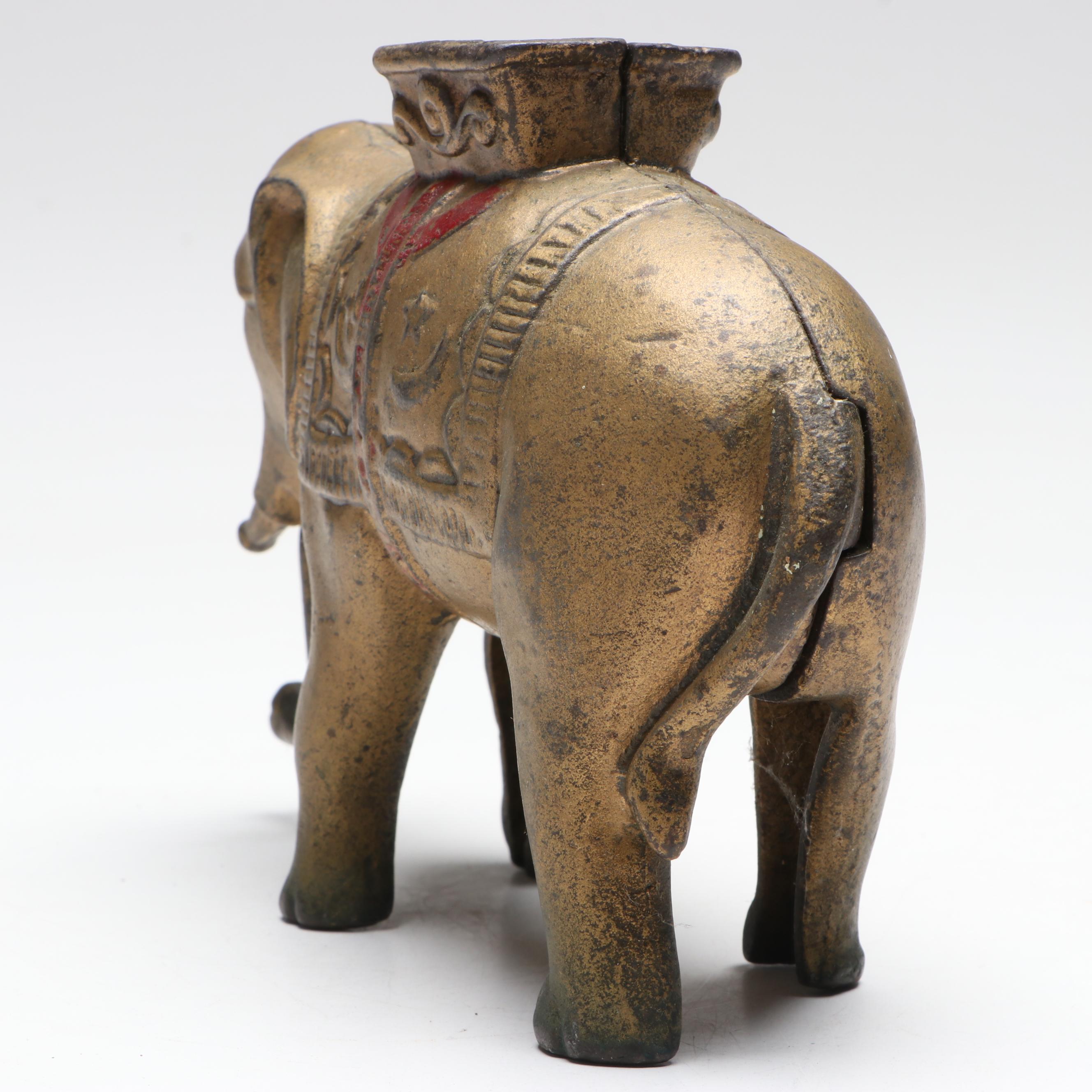 Cast Iron Gold Finish Elephant Coin Bank with Semi-Mechanical Trunk