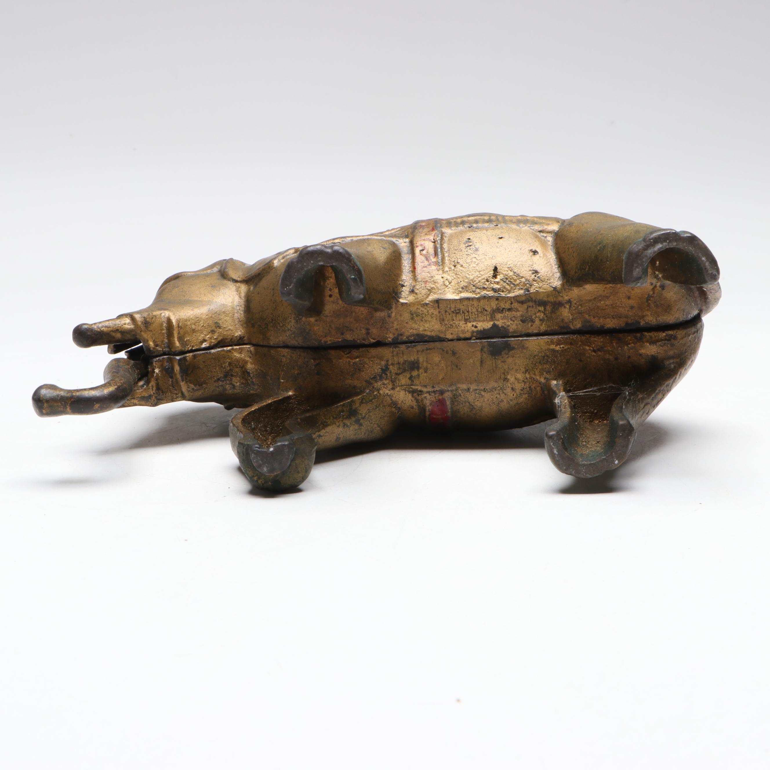 Cast Iron Gold Finish Elephant Coin Bank with Semi-Mechanical Trunk