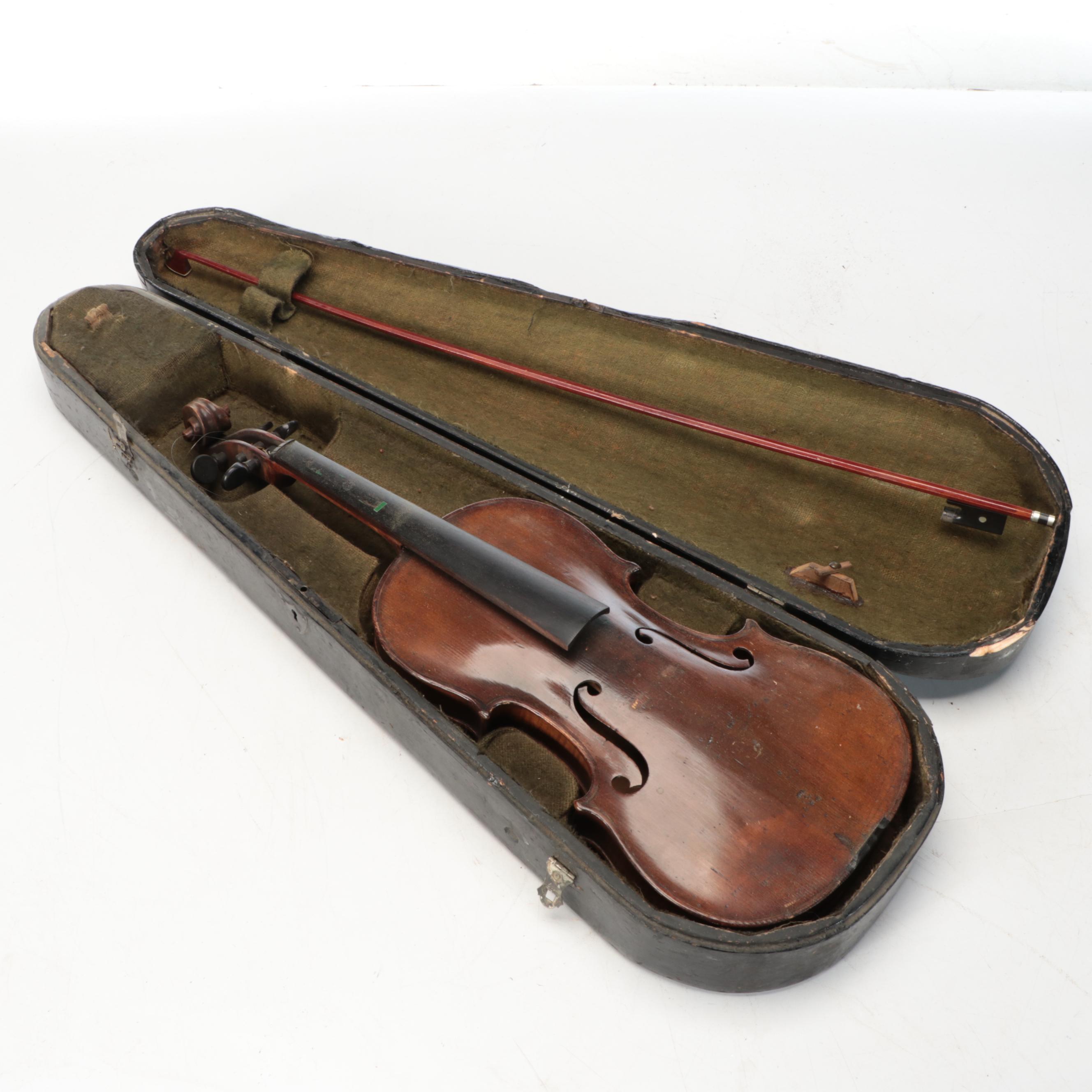 Full-Size Wood Violin with Bow and Case, Early 20th Century