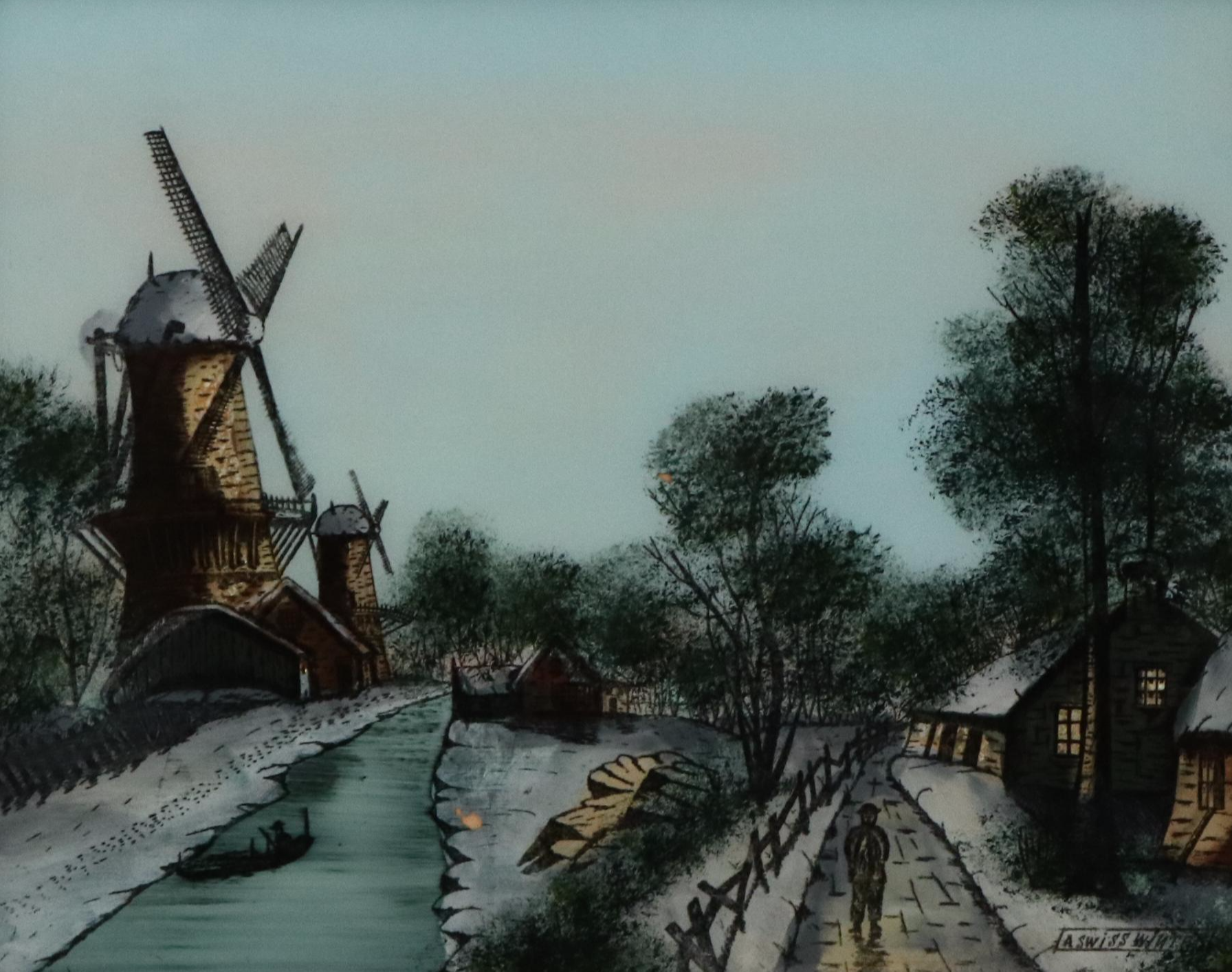 Reverse Glass Painting with Lithographic Elements "A Swiss Winter"