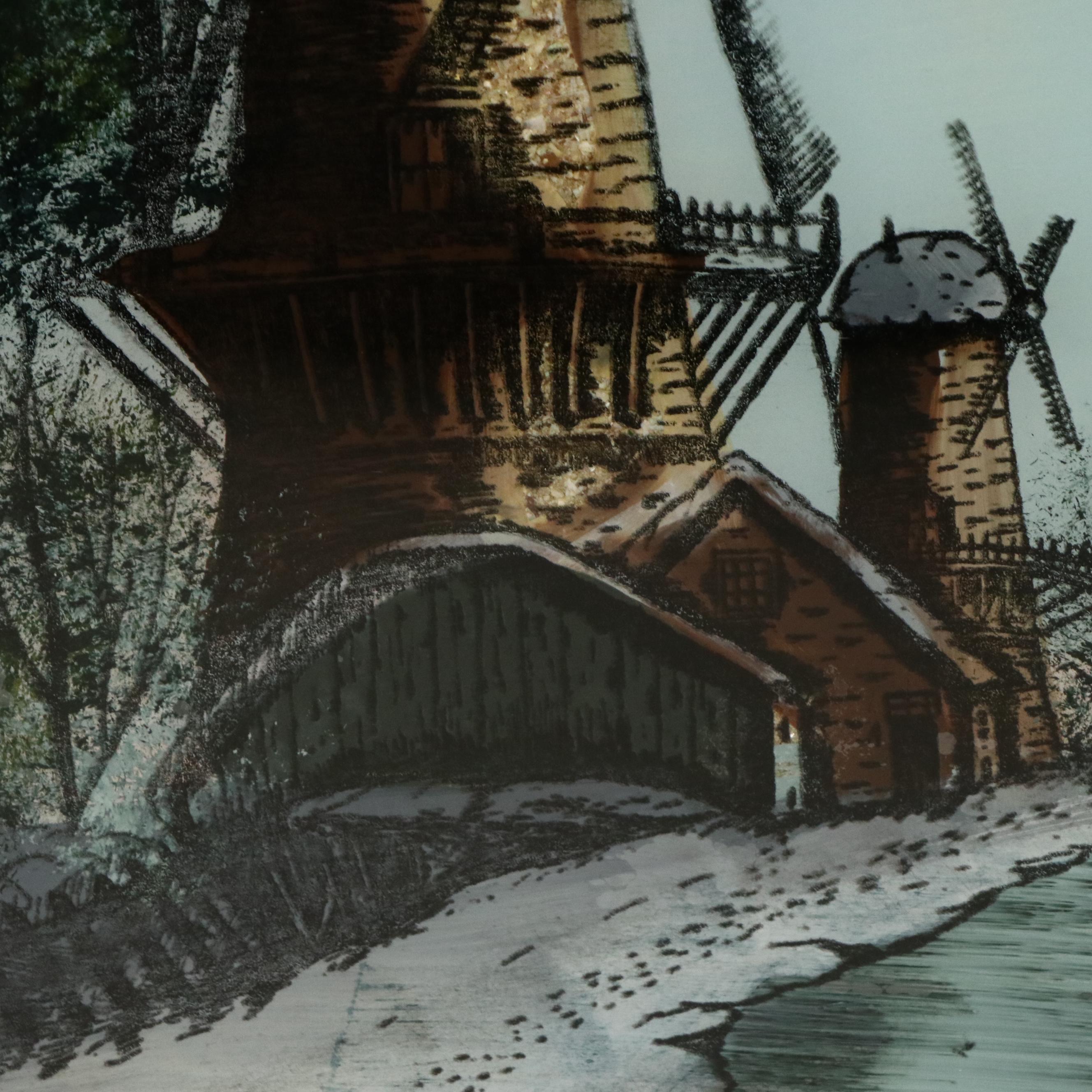 Reverse Glass Painting with Lithographic Elements "A Swiss Winter"