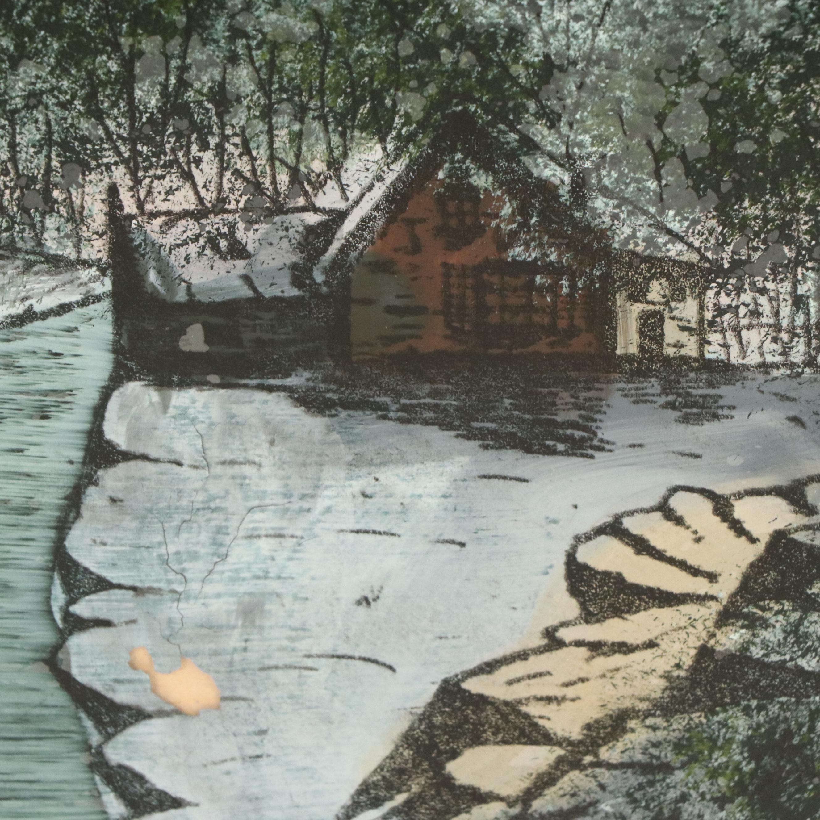 Reverse Glass Painting with Lithographic Elements "A Swiss Winter"