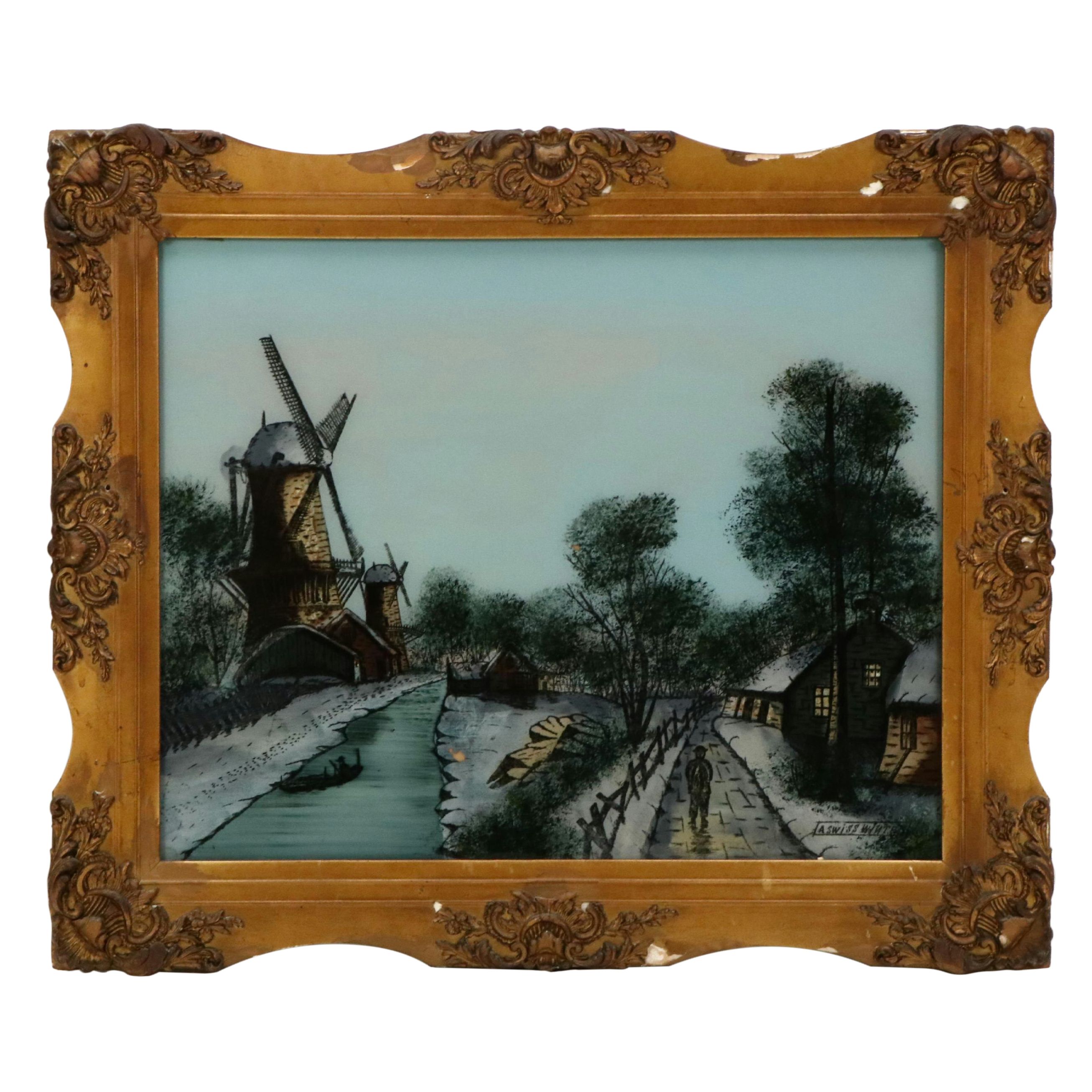 Reverse Glass Painting with Lithographic Elements "A Swiss Winter"