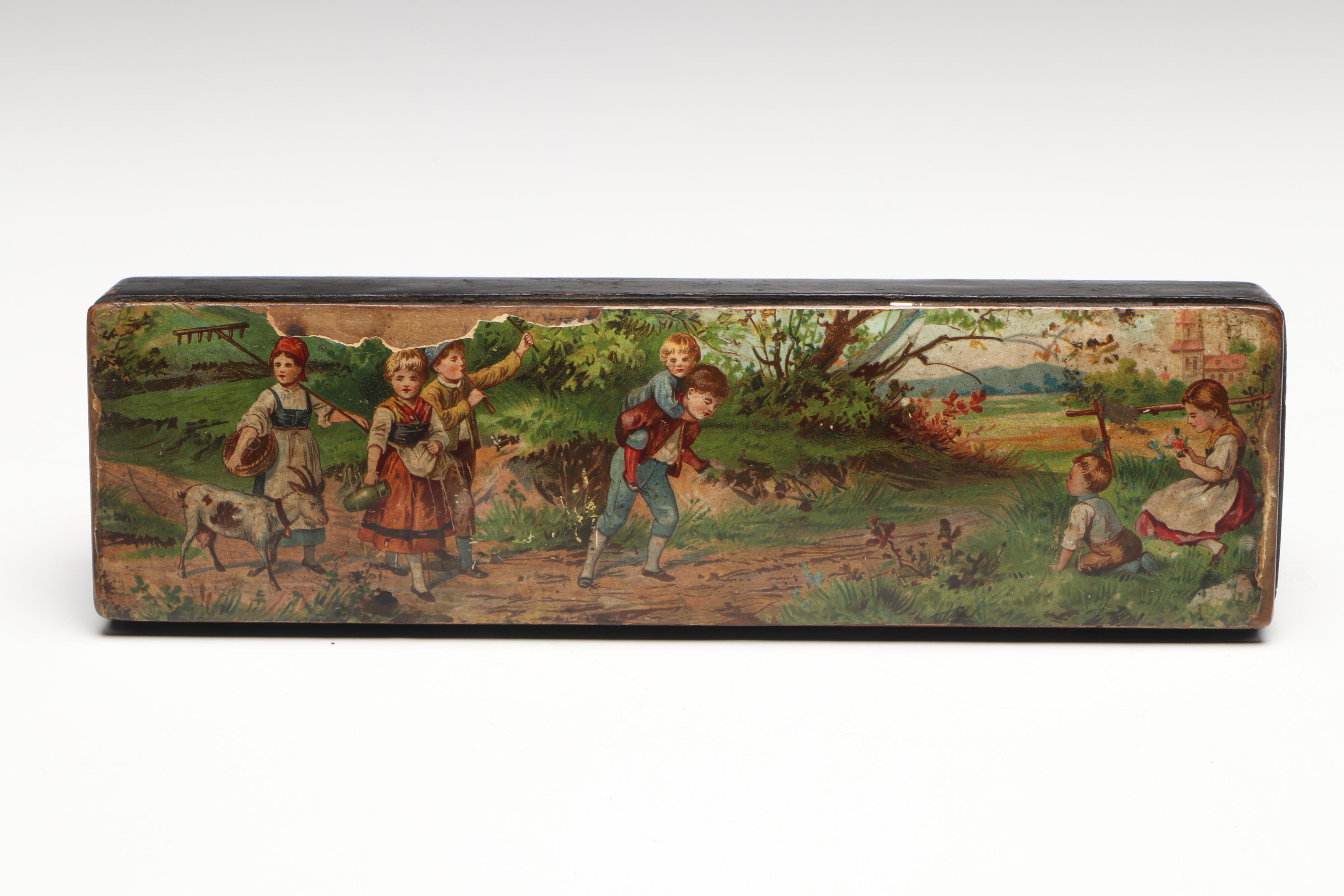 Decoupage Drawing Tool Storage and Cat Music Box, Late 19th/ Early 20th Century