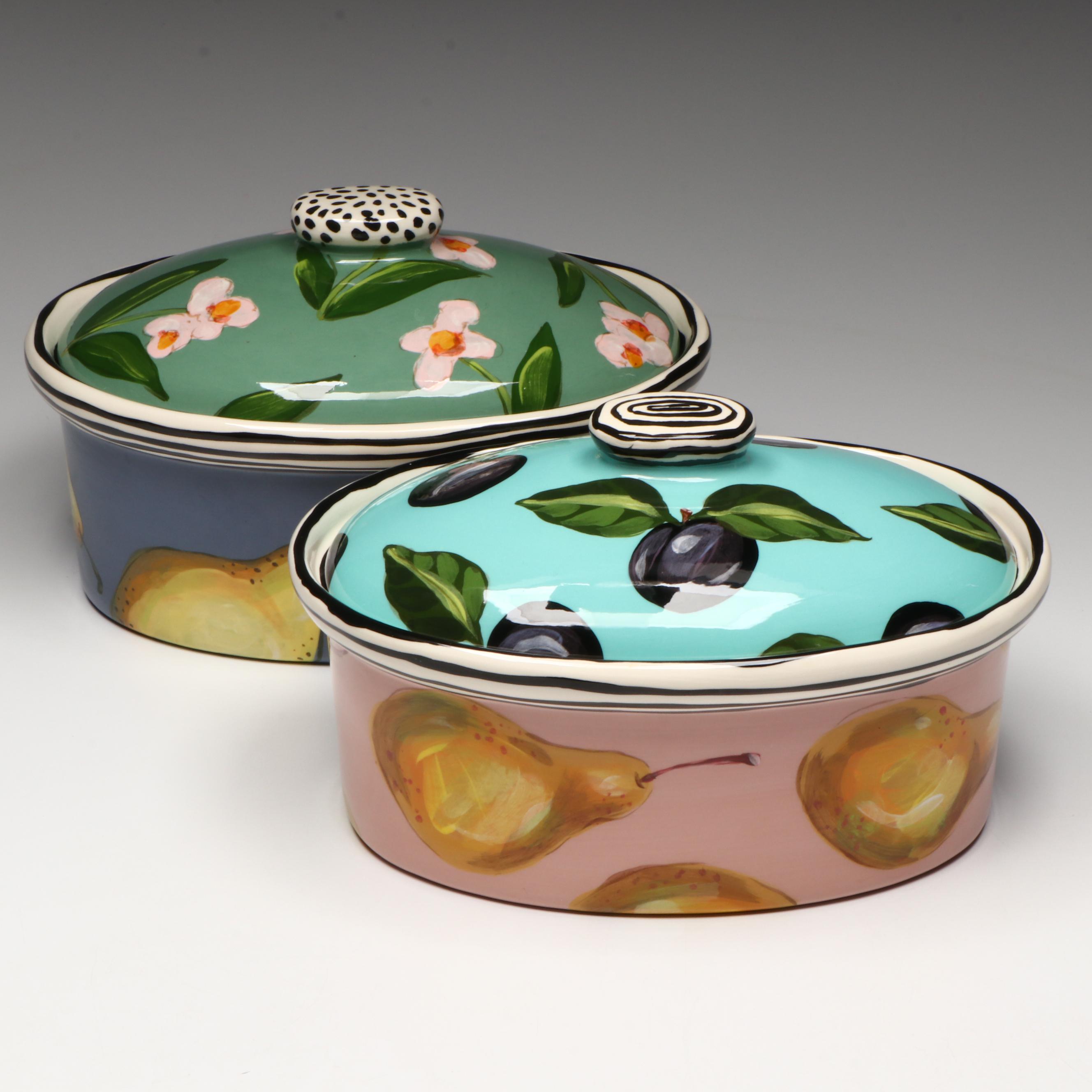 Vintage Droll Designs Hand-Painted Vegetable Motif Lidded Casseroles