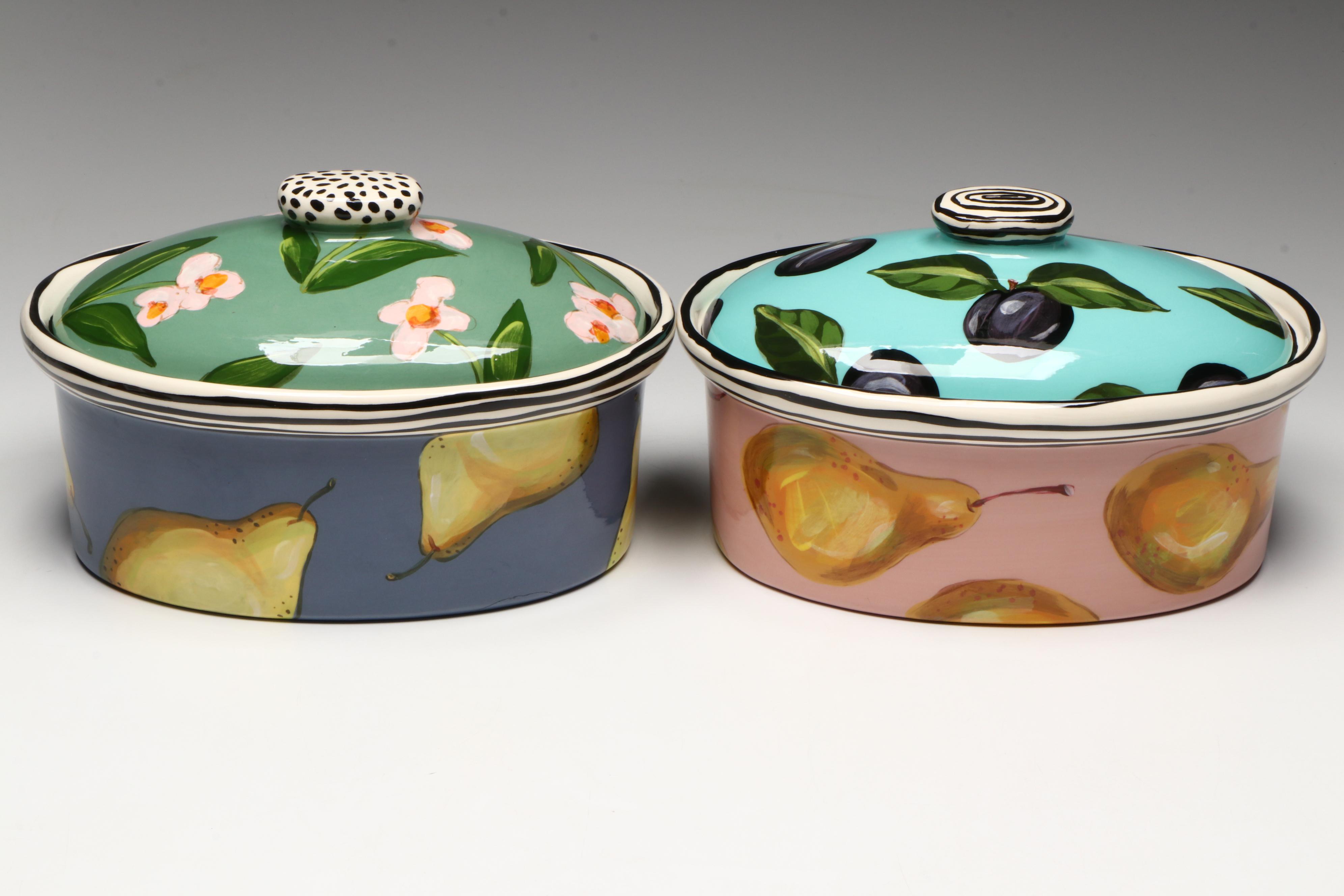 Vintage Droll Designs Hand-Painted Vegetable Motif Lidded Casseroles