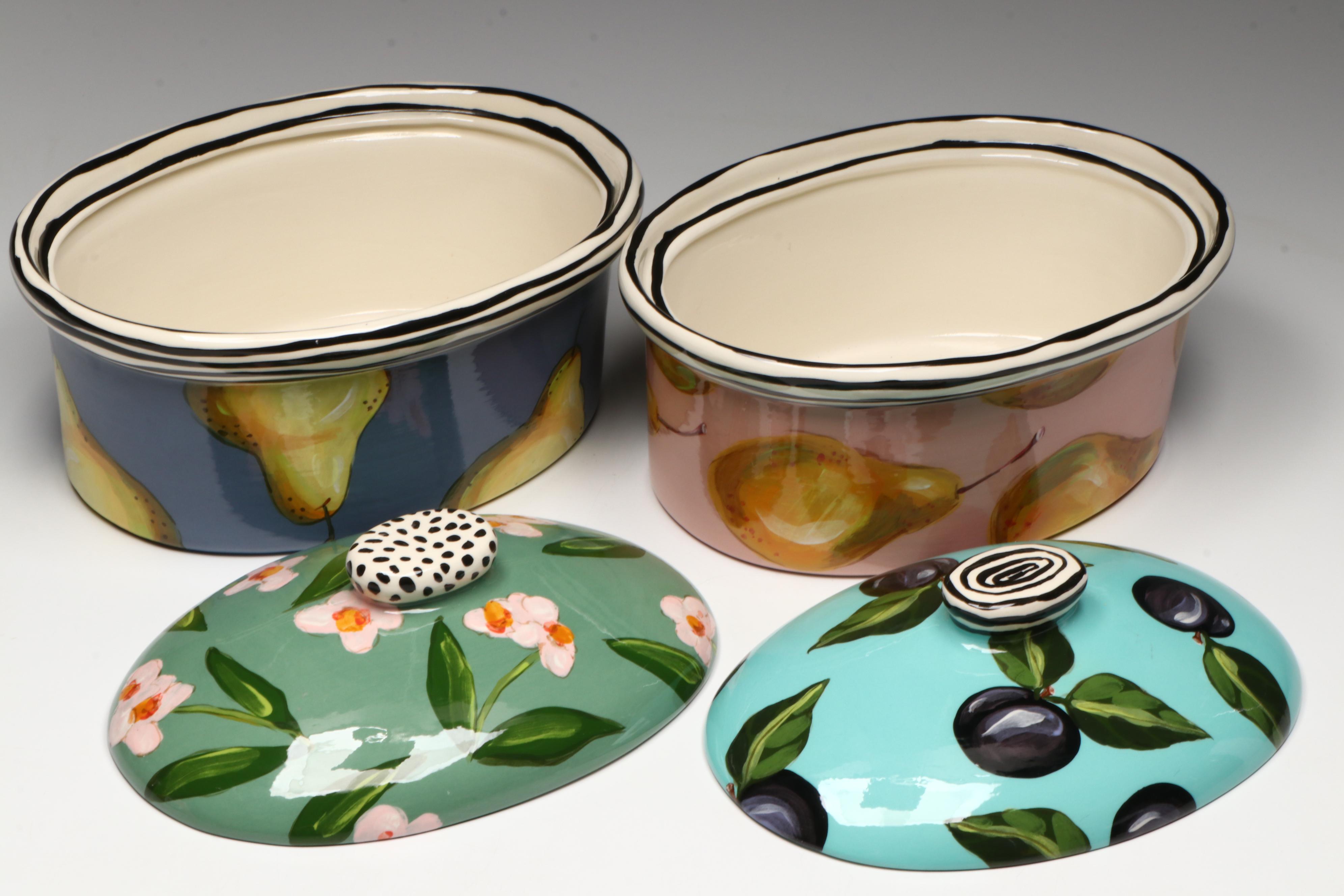 Vintage Droll Designs Hand-Painted Vegetable Motif Lidded Casseroles