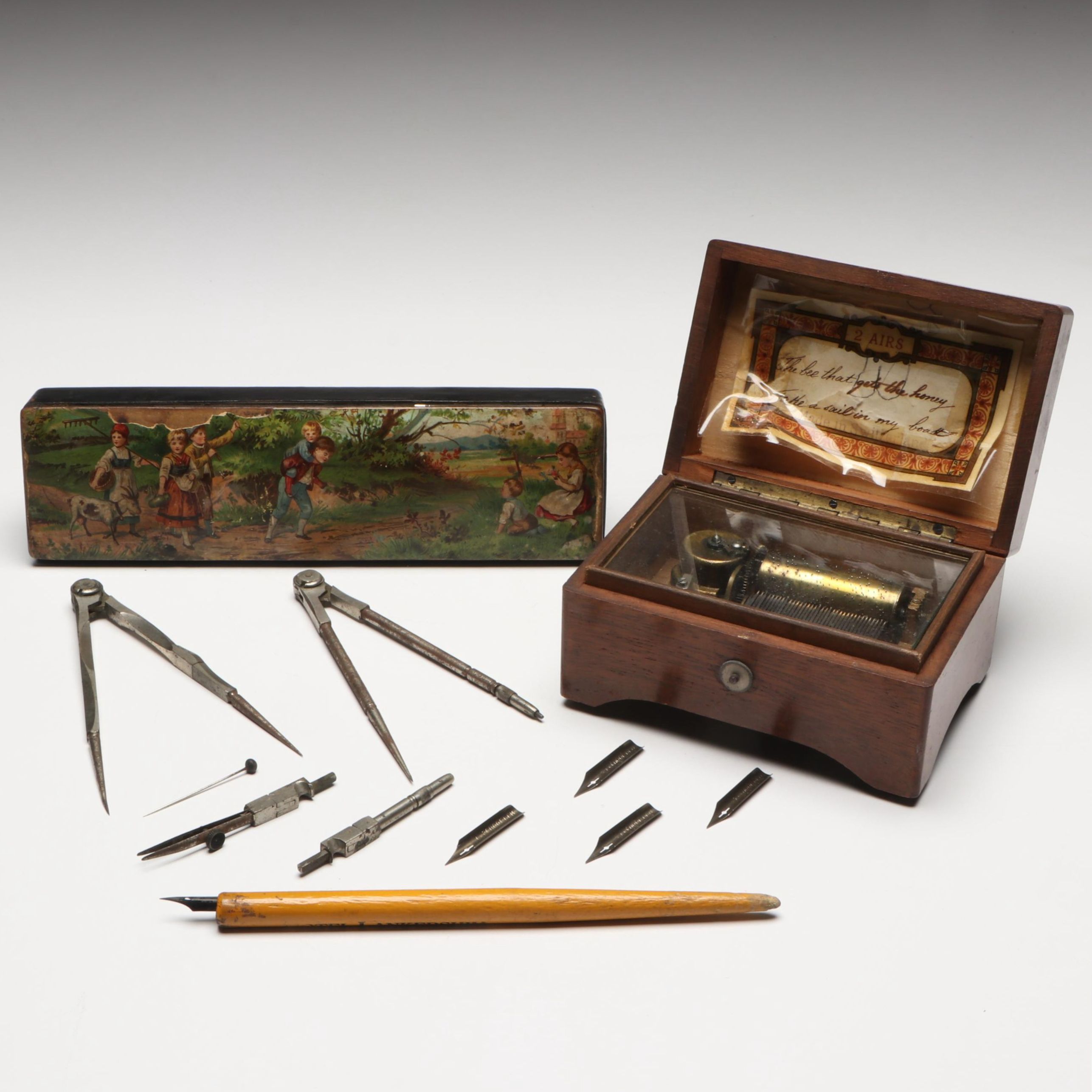 Decoupage Drawing Tool Storage and Cat Music Box, Late 19th/ Early 20th Century