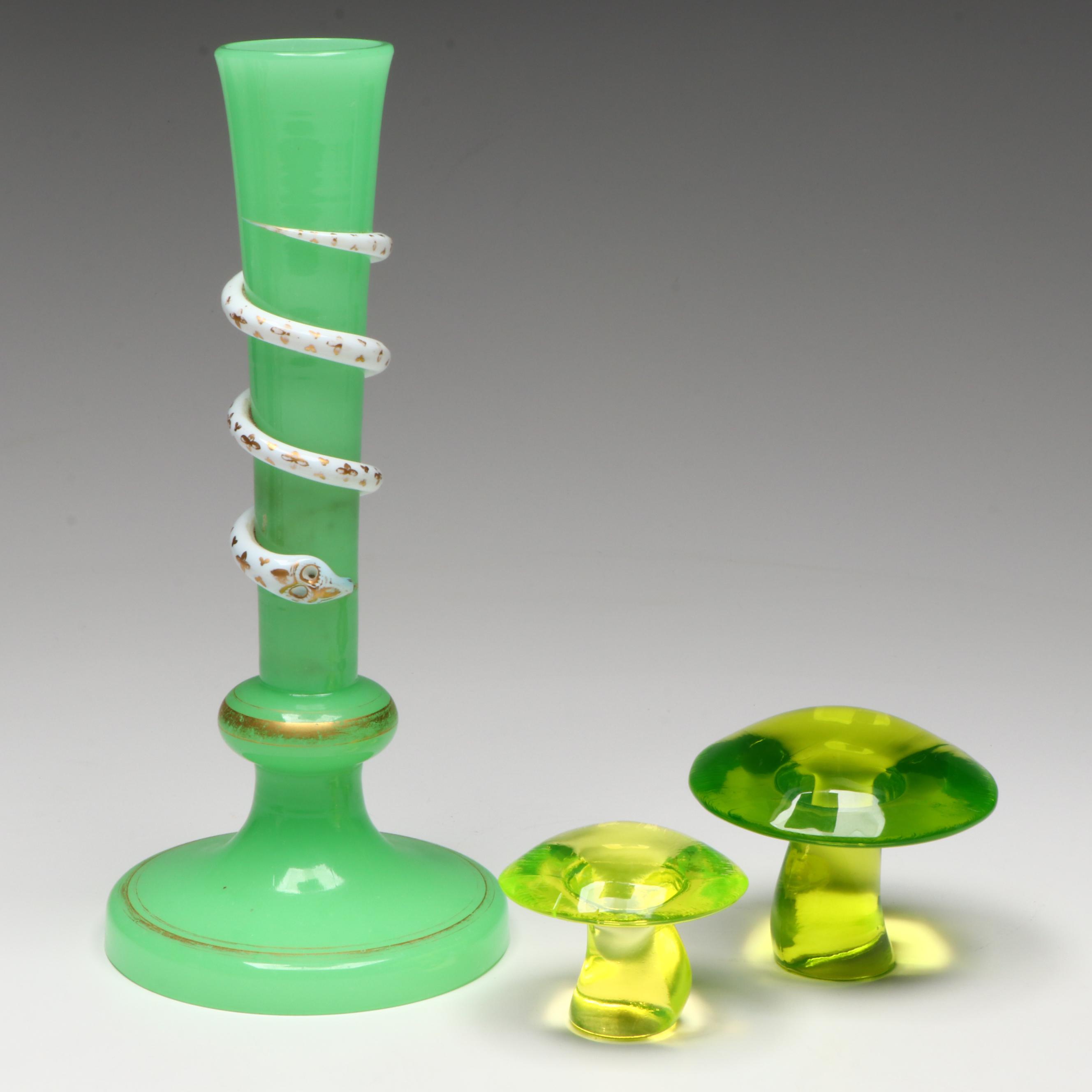 French Charles X Opaline Vase with Applied Coiled Snake and Vaseline Mushrooms