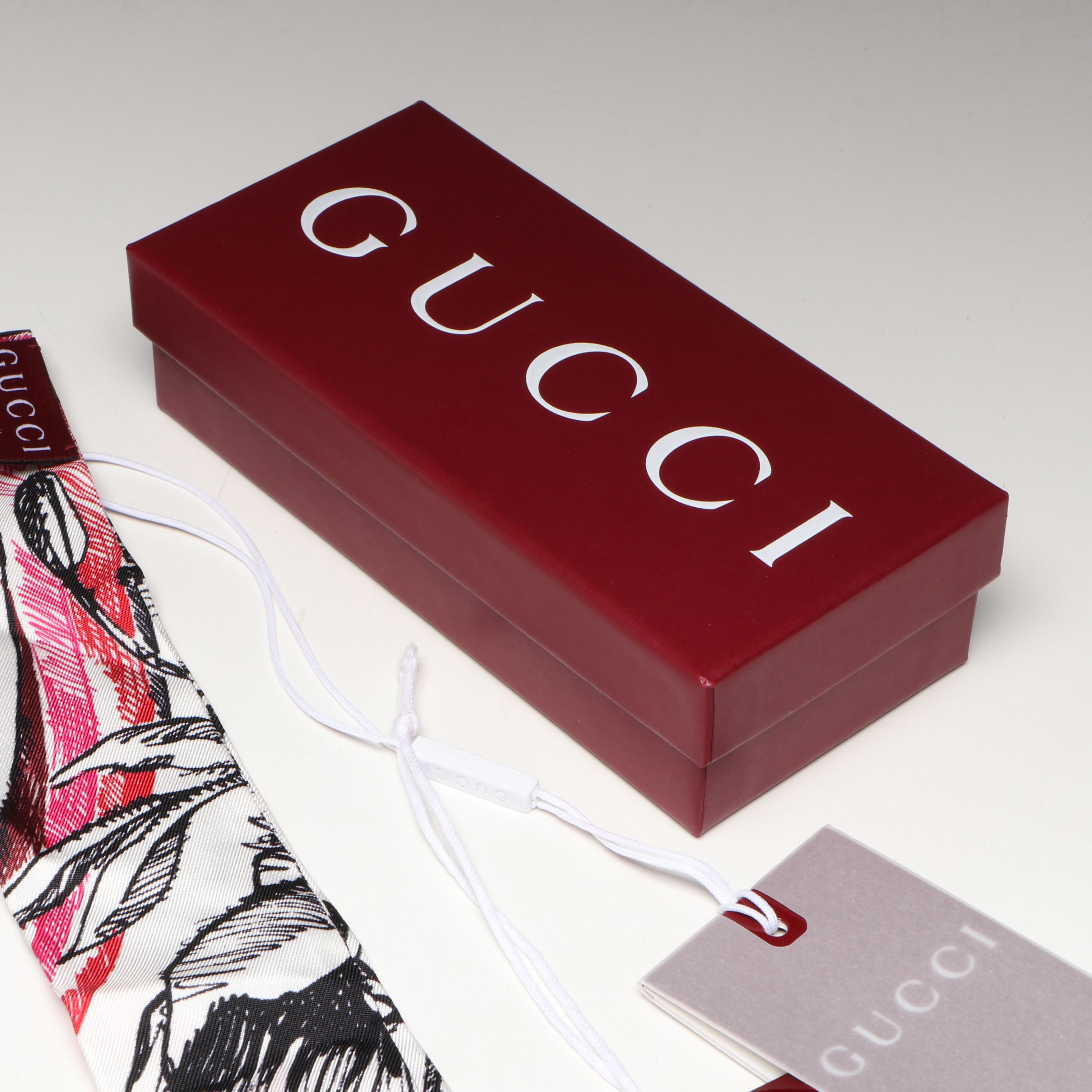 Gucci Pink & Black Floral Motif Silk Skinny Scarf in Box