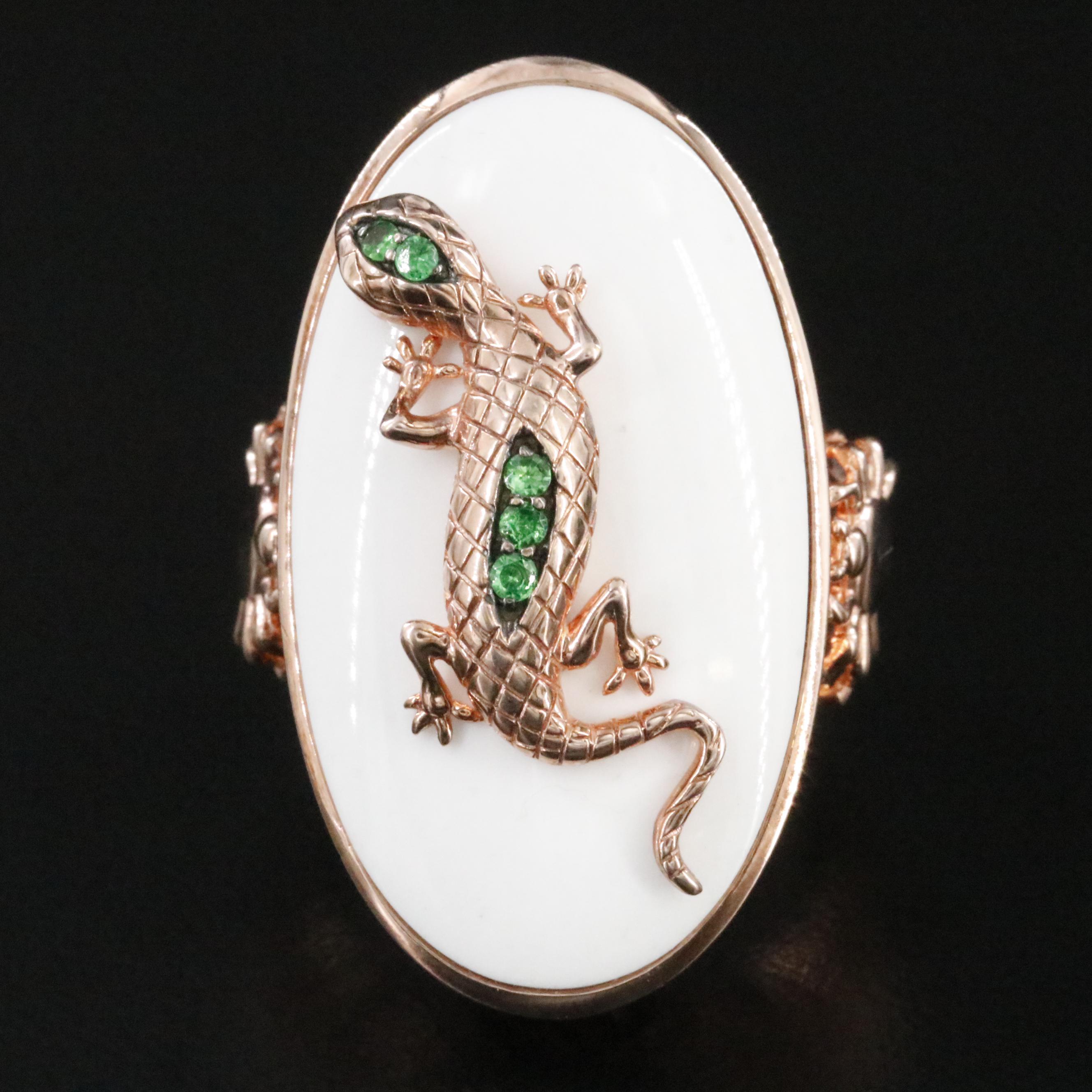 Sterling White Onyx and Tsavorite Lizard and Spider Ring