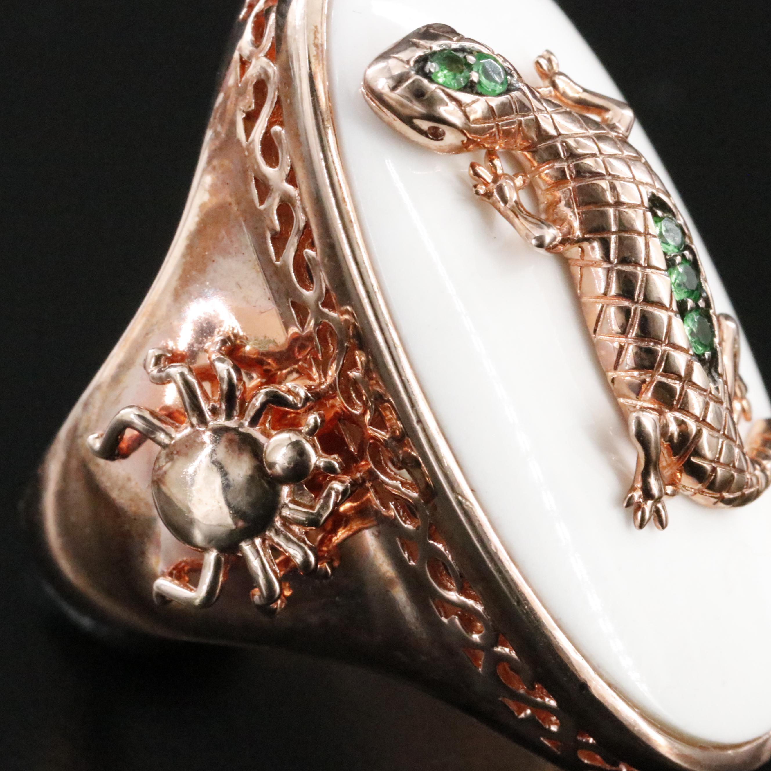 Sterling White Onyx and Tsavorite Lizard and Spider Ring