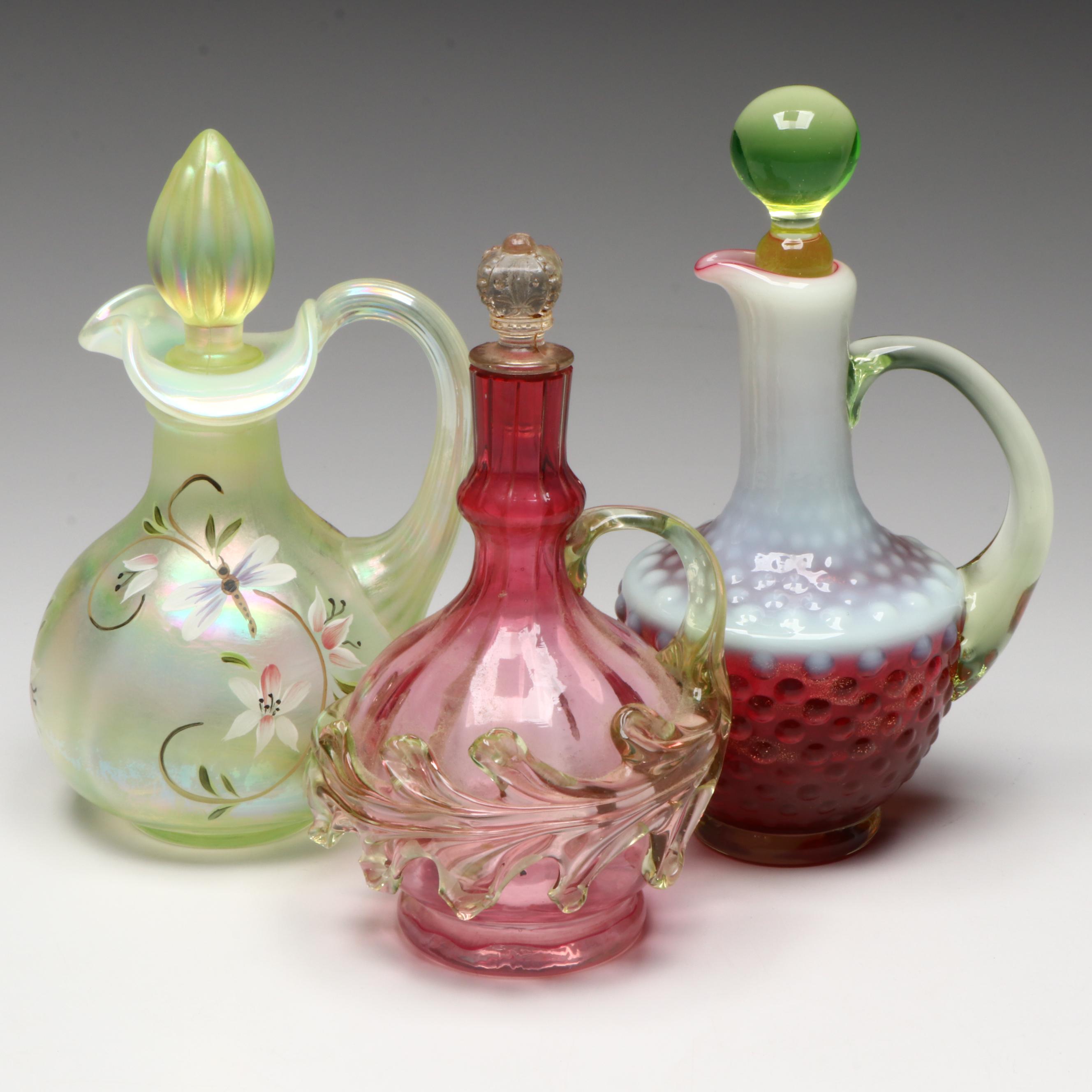 Fenton "Lily Trail" Topaz Uranium Glass with Other Victorian Style Cruets