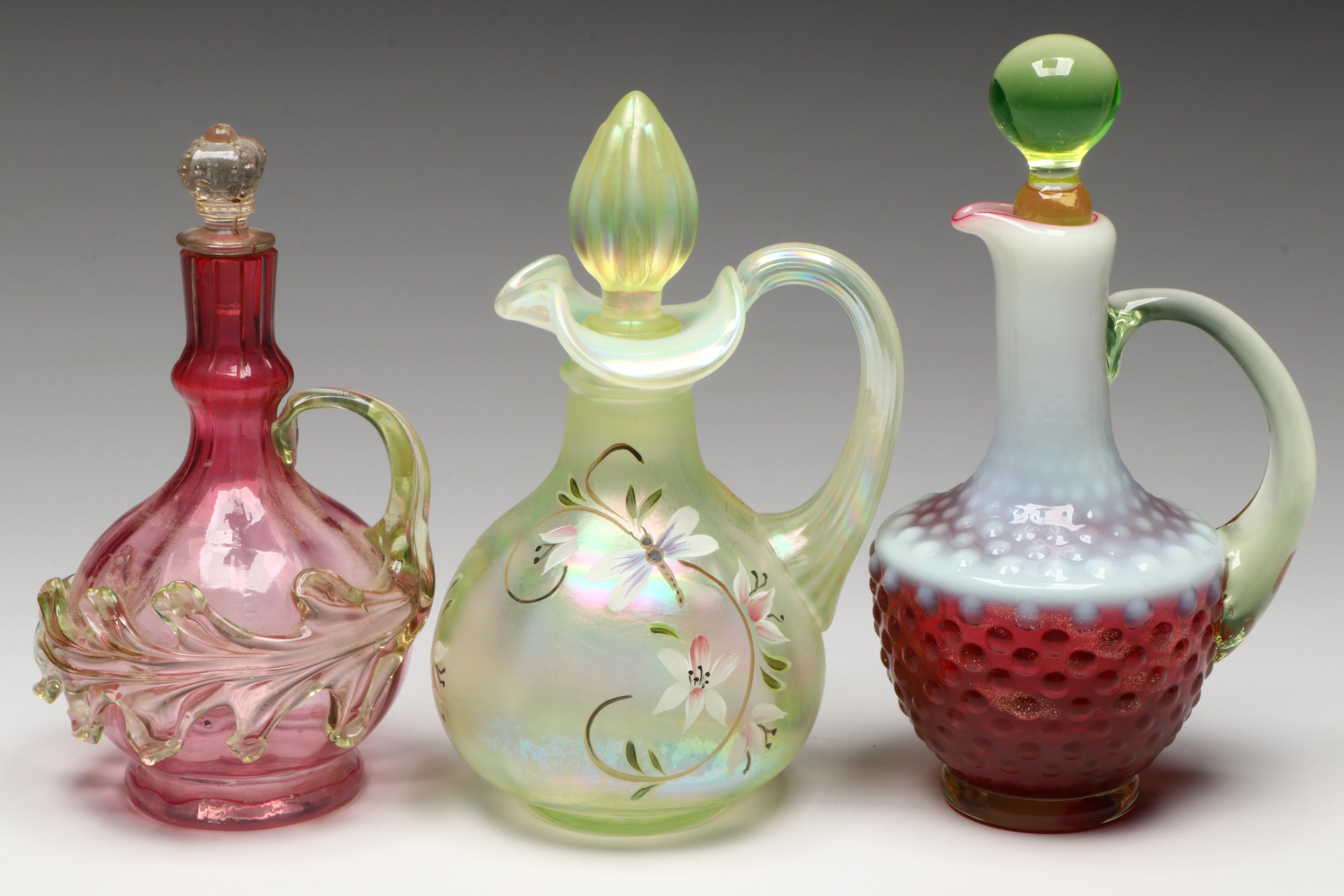 Fenton "Lily Trail" Topaz Uranium Glass with Other Victorian Style Cruets