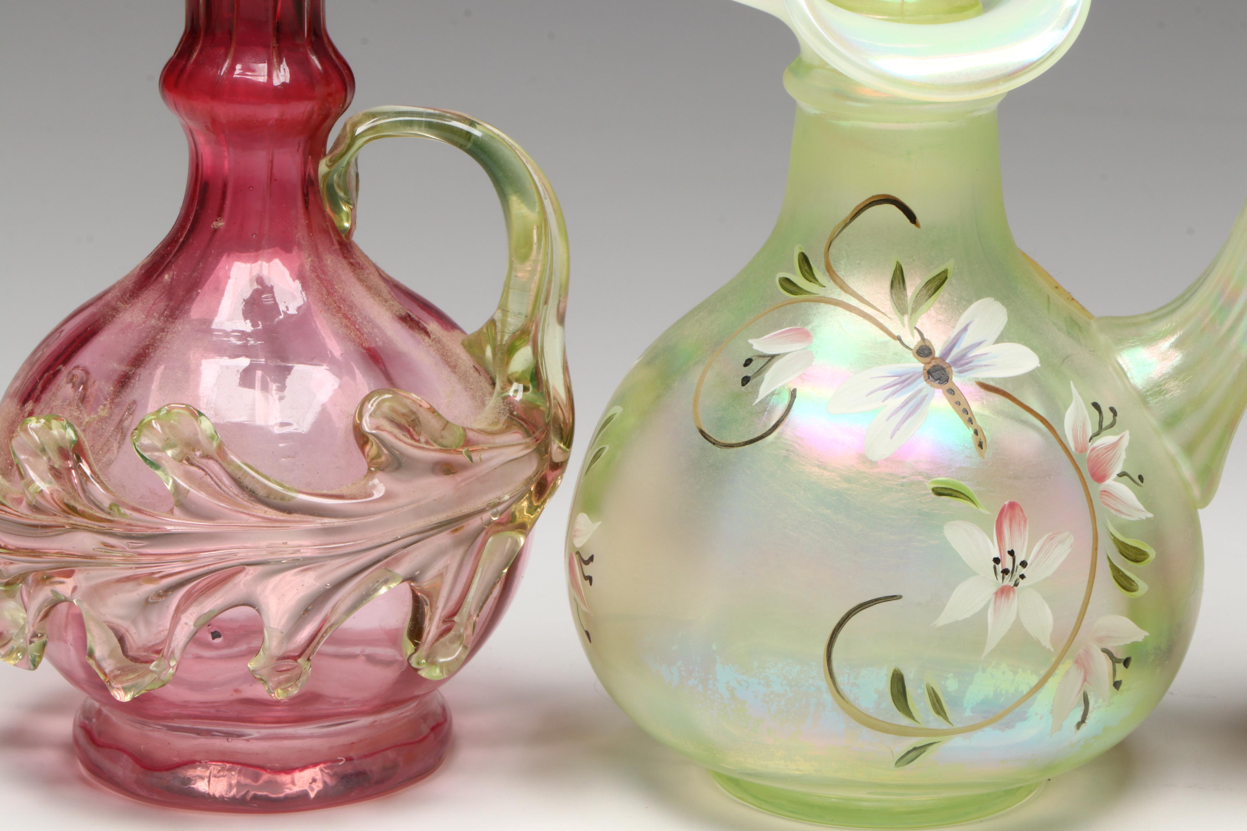 Fenton "Lily Trail" Topaz Uranium Glass with Other Victorian Style Cruets