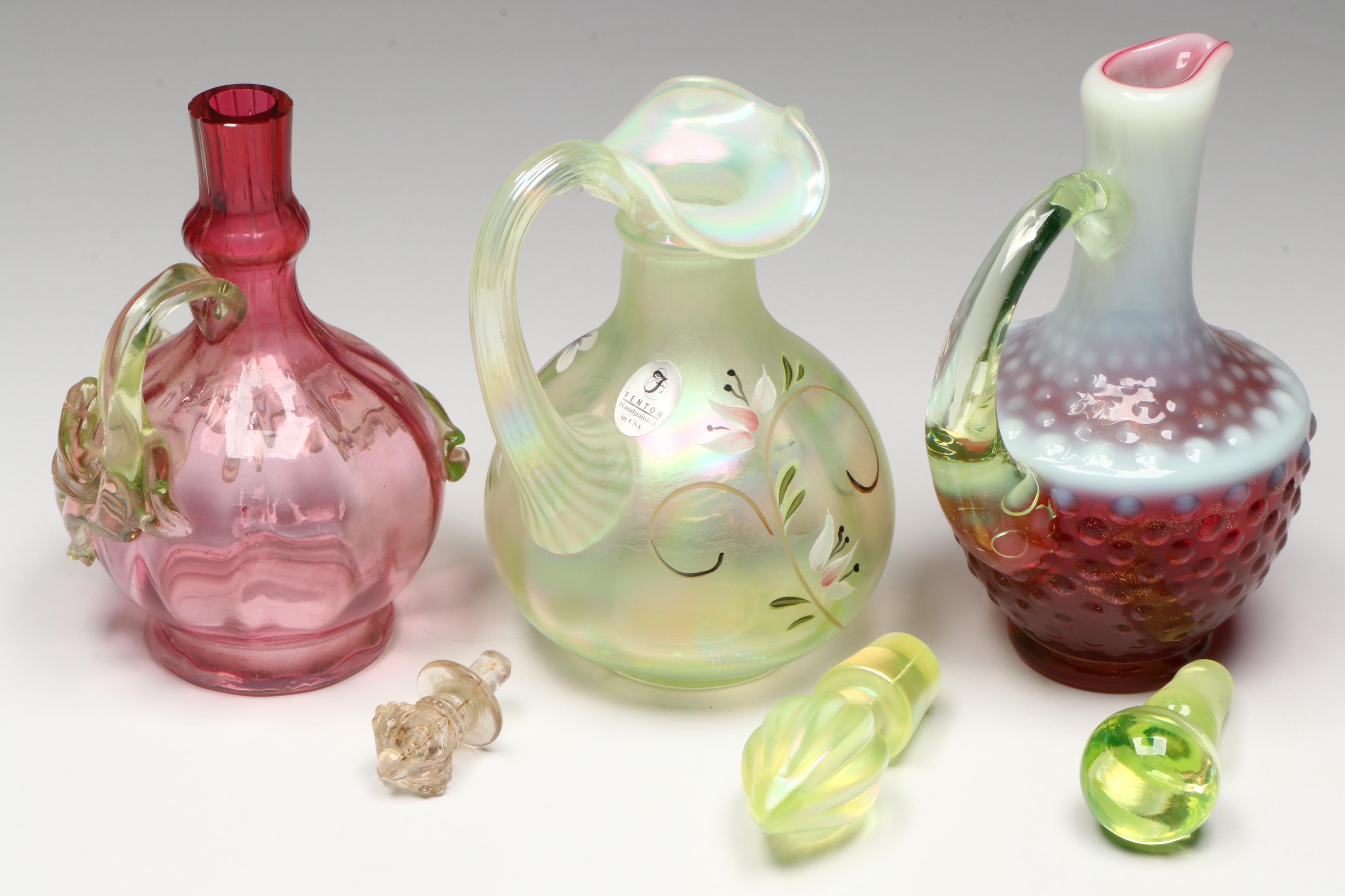 Fenton "Lily Trail" Topaz Uranium Glass with Other Victorian Style Cruets