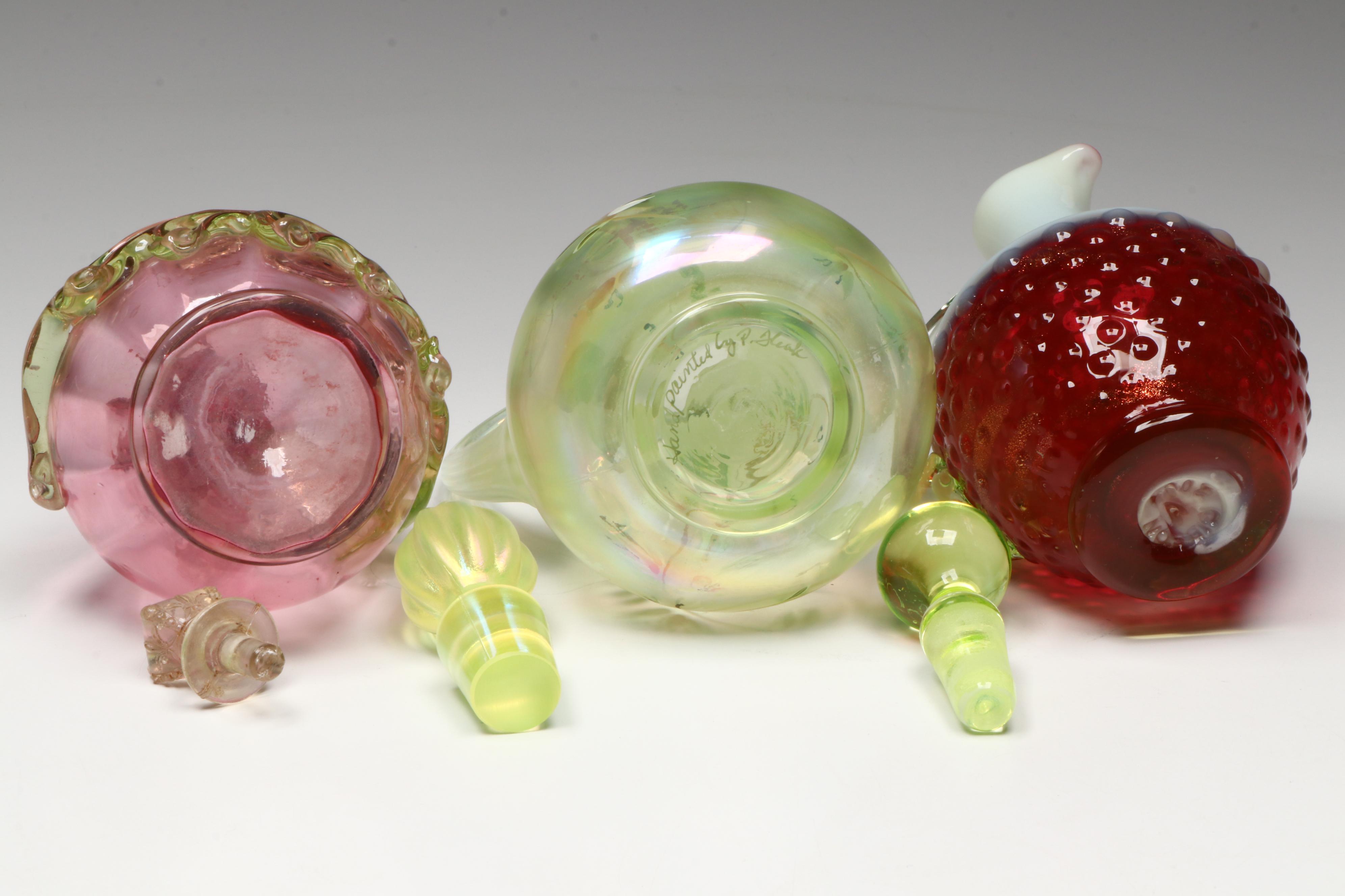 Fenton "Lily Trail" Topaz Uranium Glass with Other Victorian Style Cruets