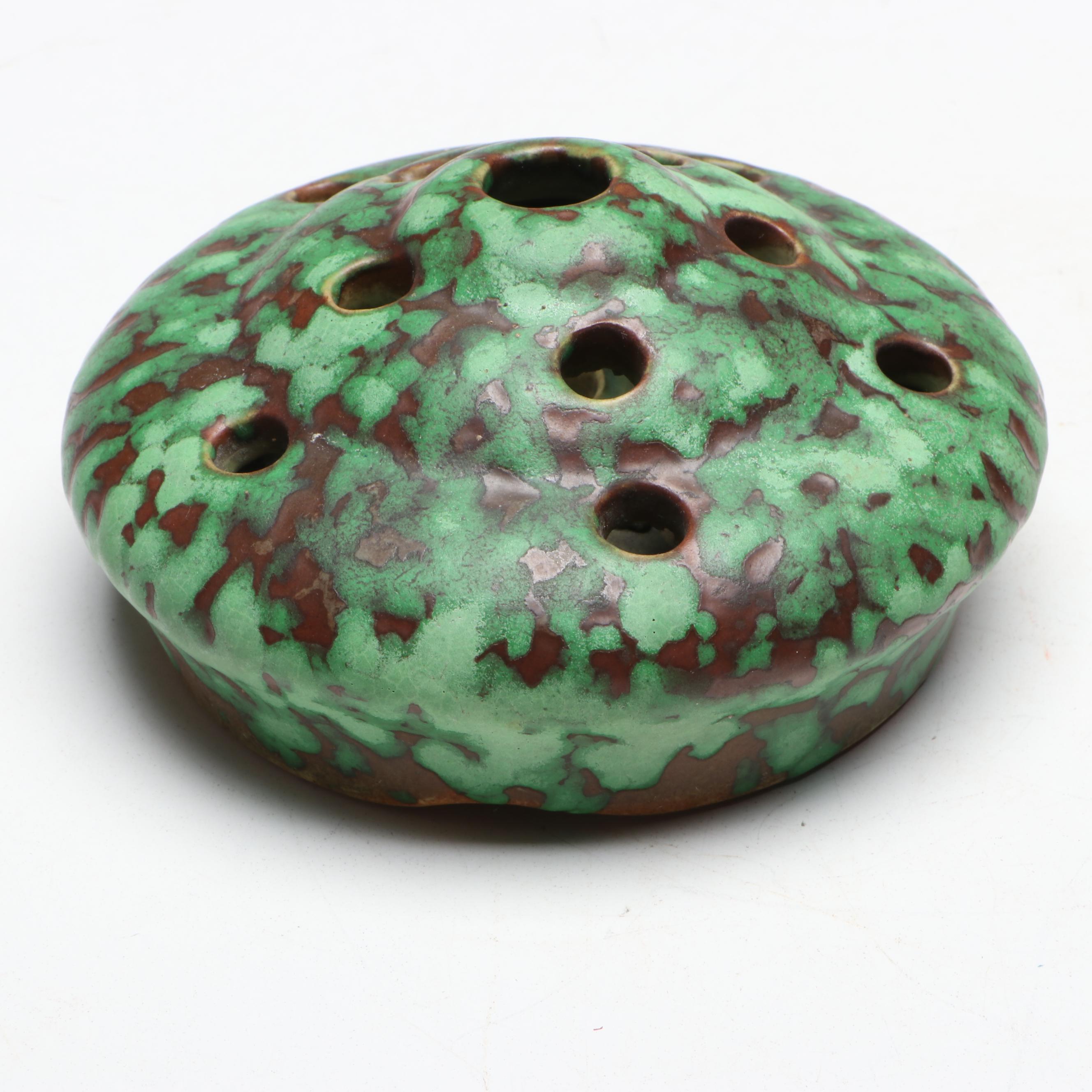 Weller Pottery Coppertone Frog Figurine and Flower Frog, Early to Mid-20th C.