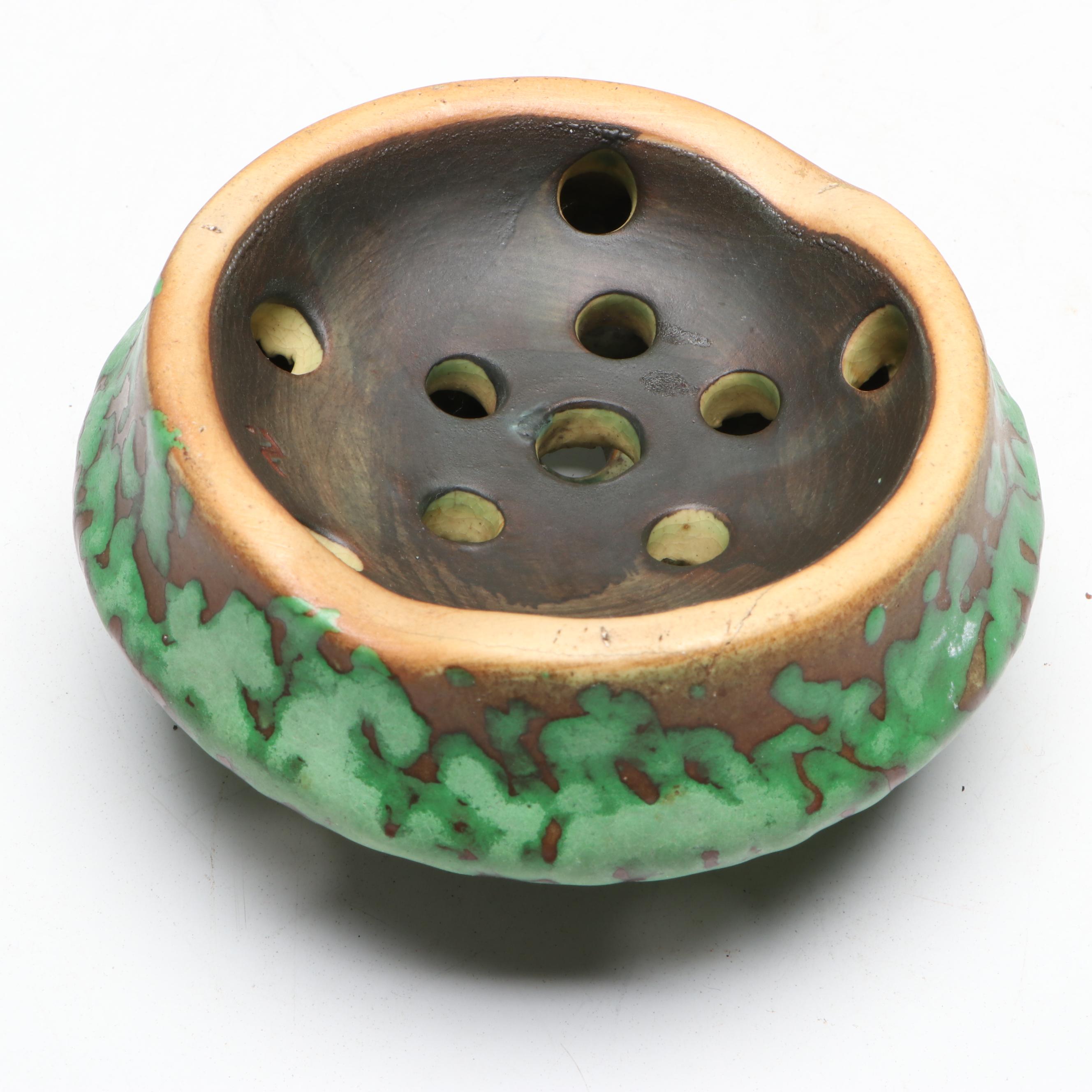 Weller Pottery Coppertone Frog Figurine and Flower Frog, Early to Mid-20th C.