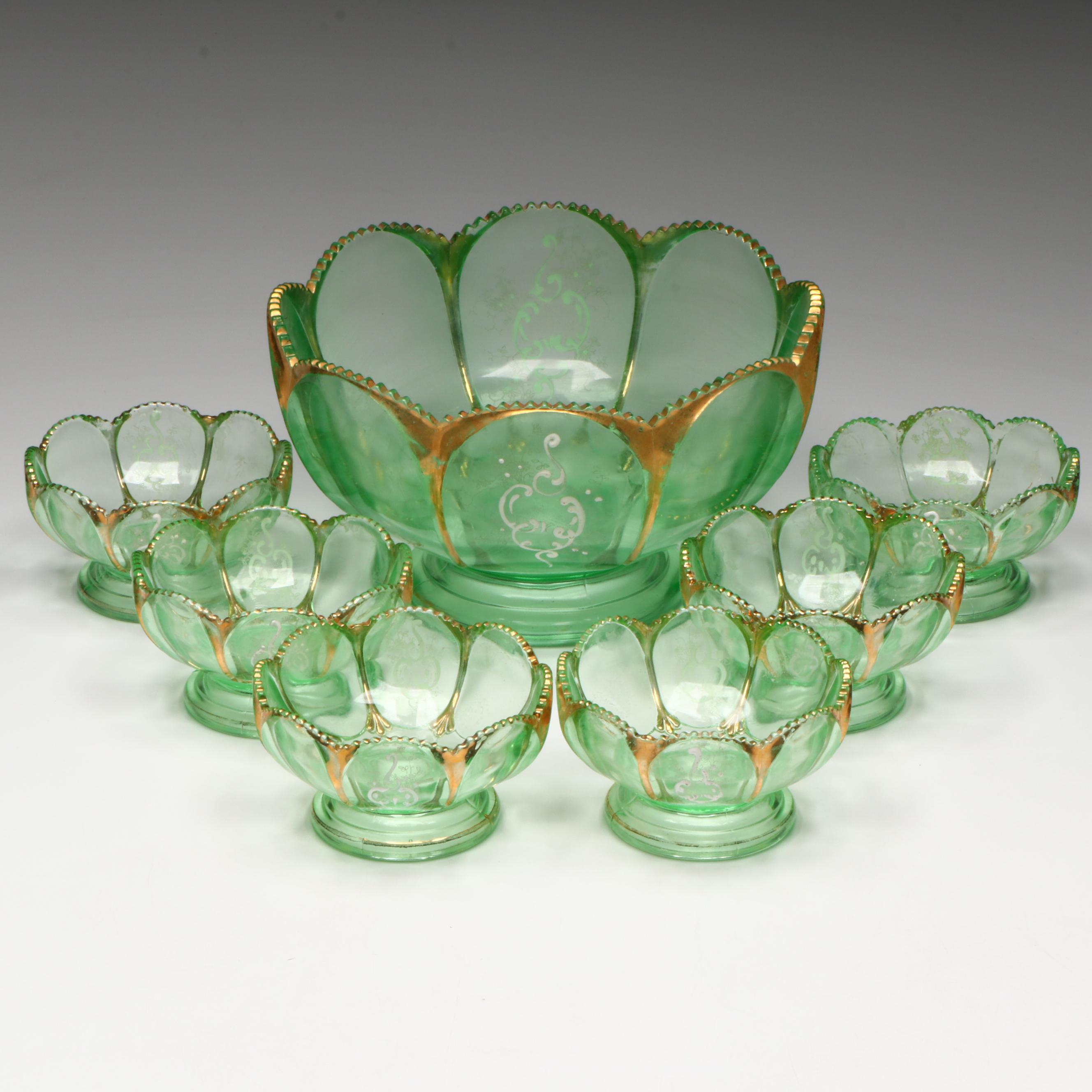 Northwood "Nestor" Gilt Accented and Enameled Uranium Glass Berry Set