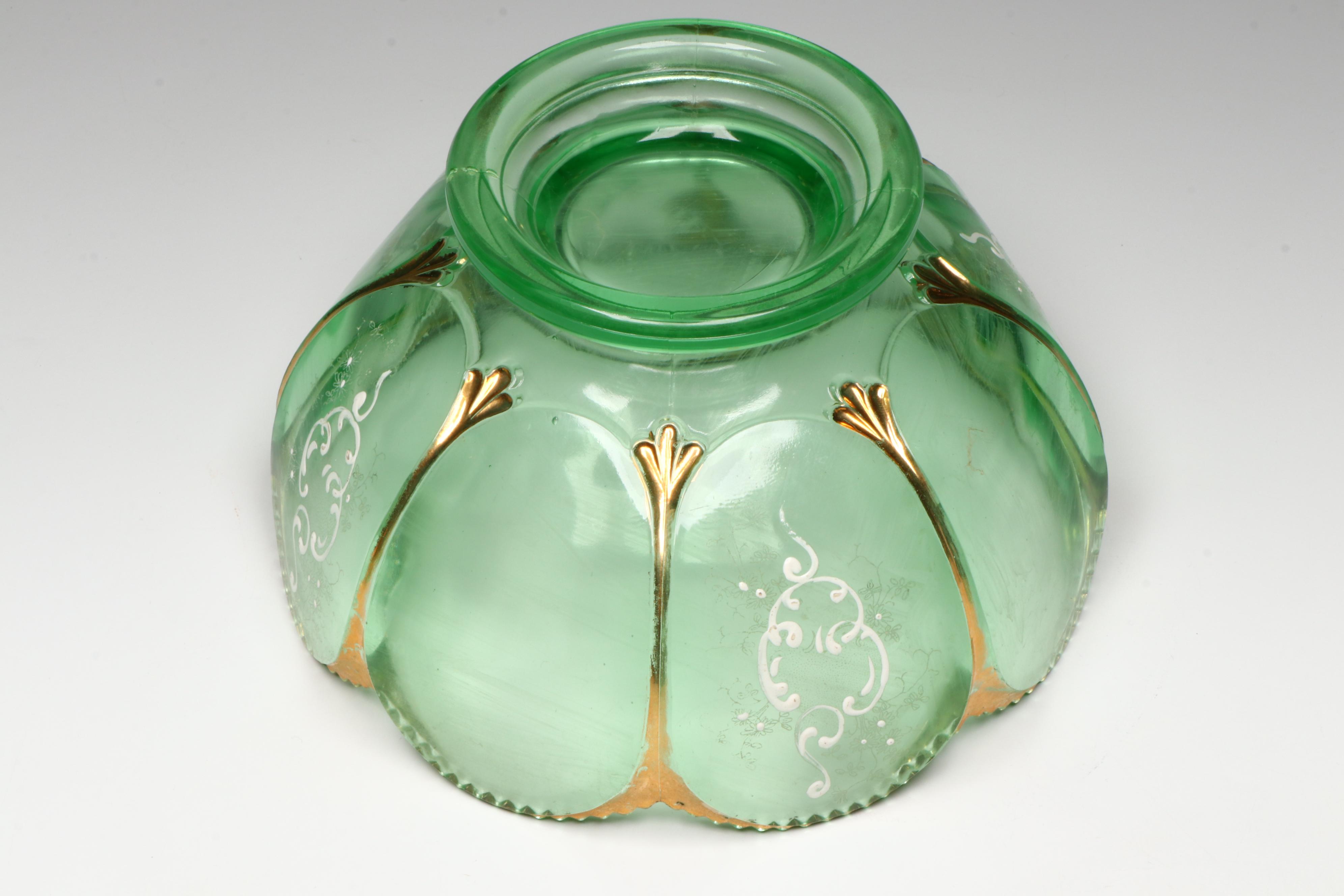 Northwood "Nestor" Gilt Accented and Enameled Uranium Glass Berry Set