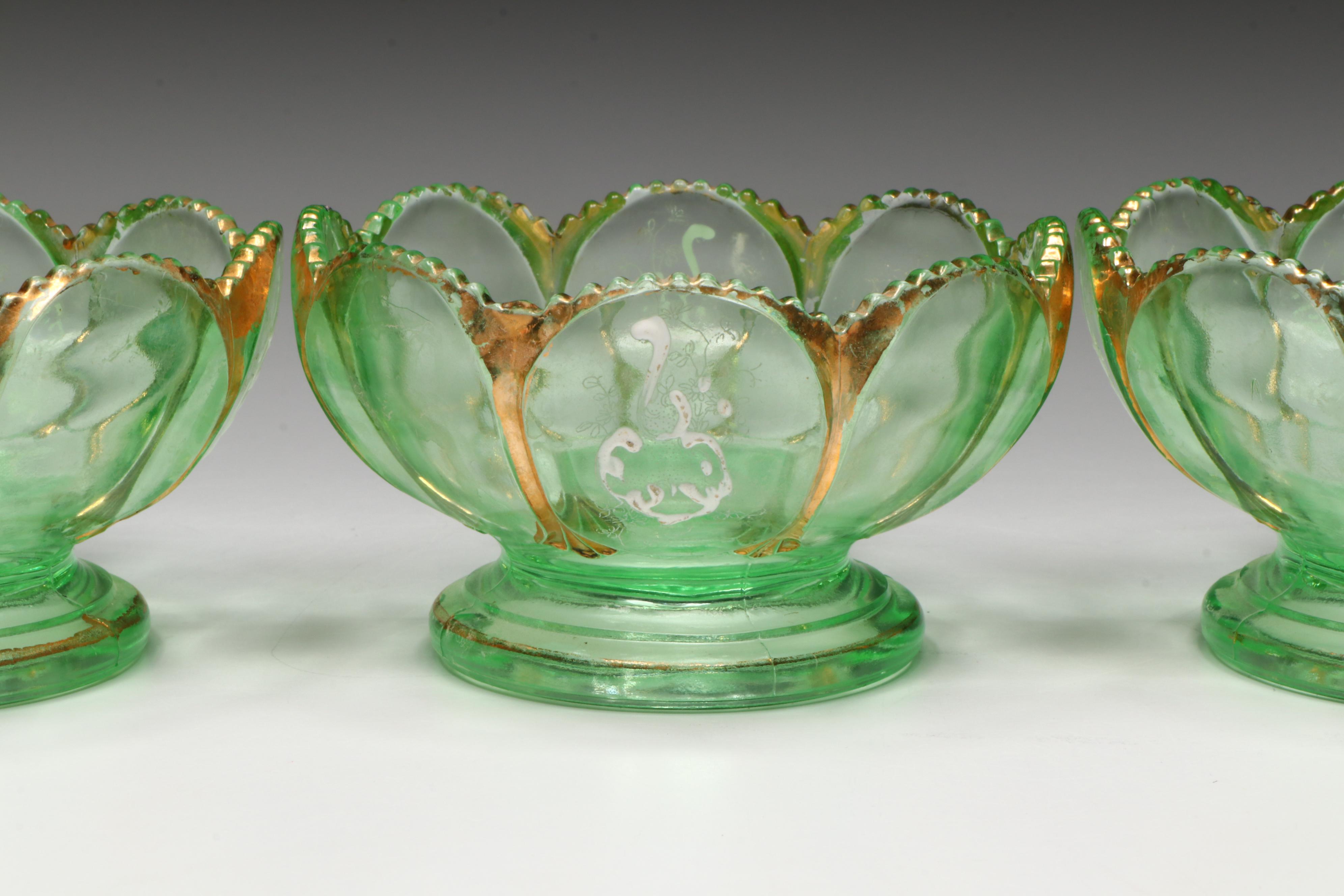 Northwood "Nestor" Gilt Accented and Enameled Uranium Glass Berry Set