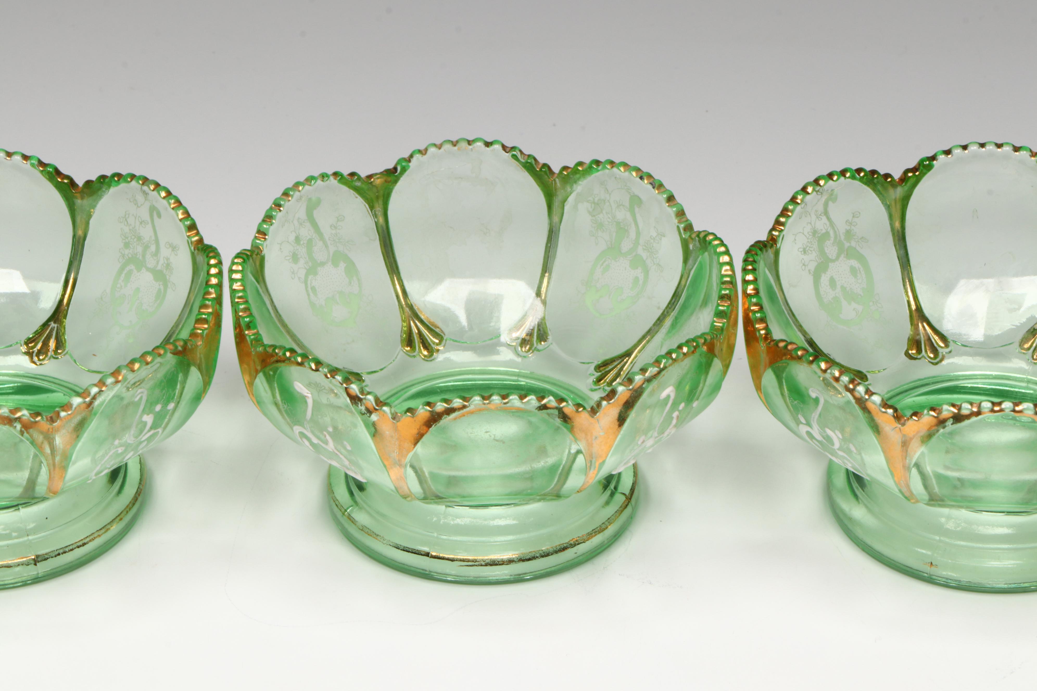 Northwood "Nestor" Gilt Accented and Enameled Uranium Glass Berry Set