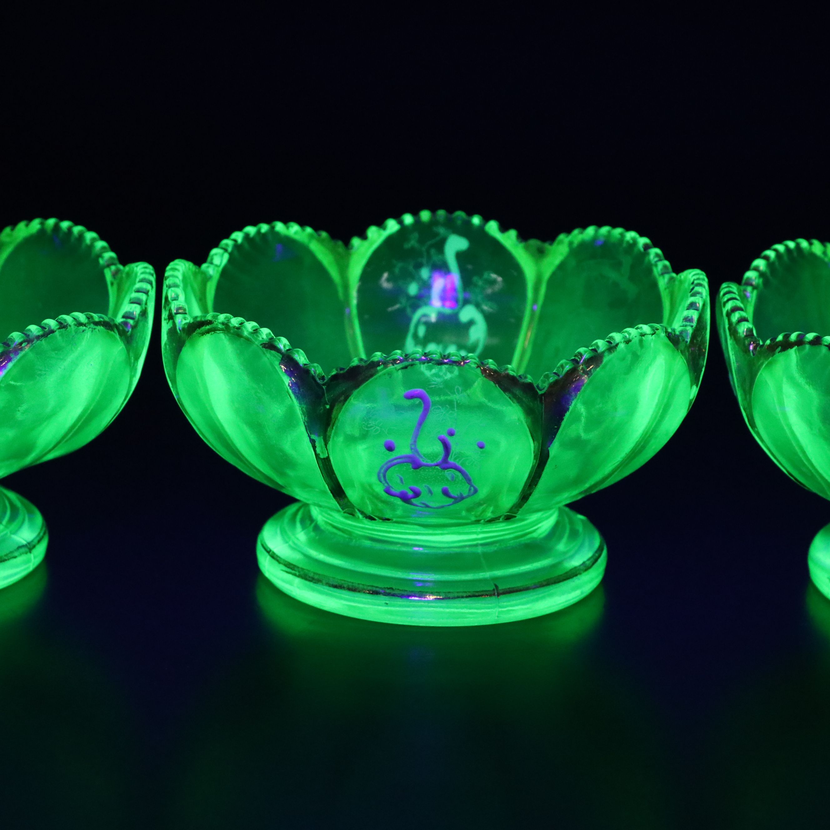 Northwood "Nestor" Gilt Accented and Enameled Uranium Glass Berry Set