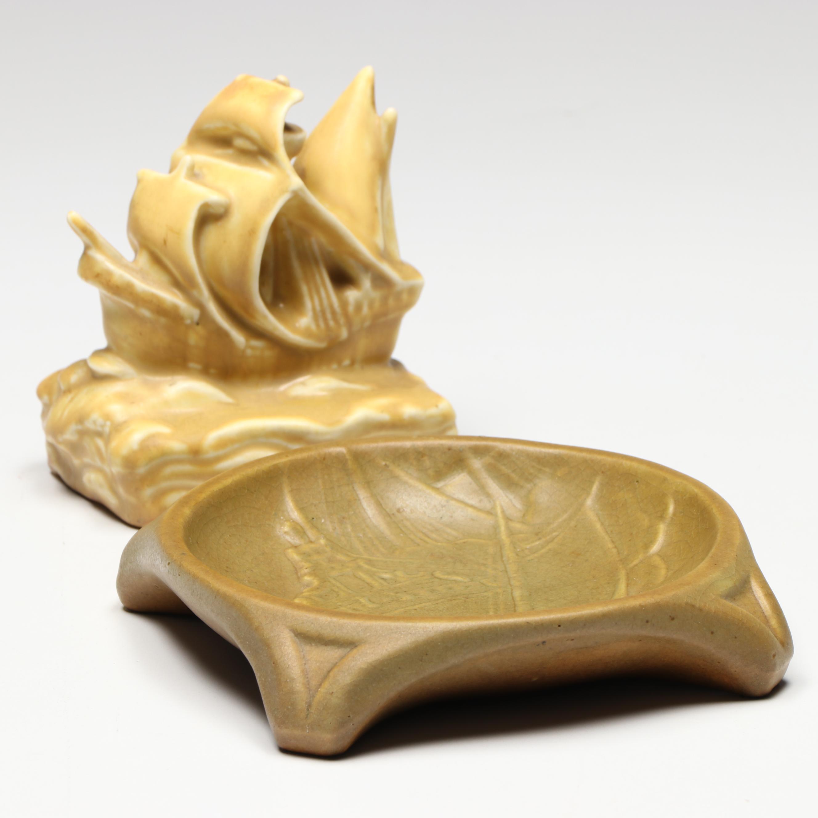 William P. McDonald for Rookwood Pottery Ship Ashtray with Ship Paperweight