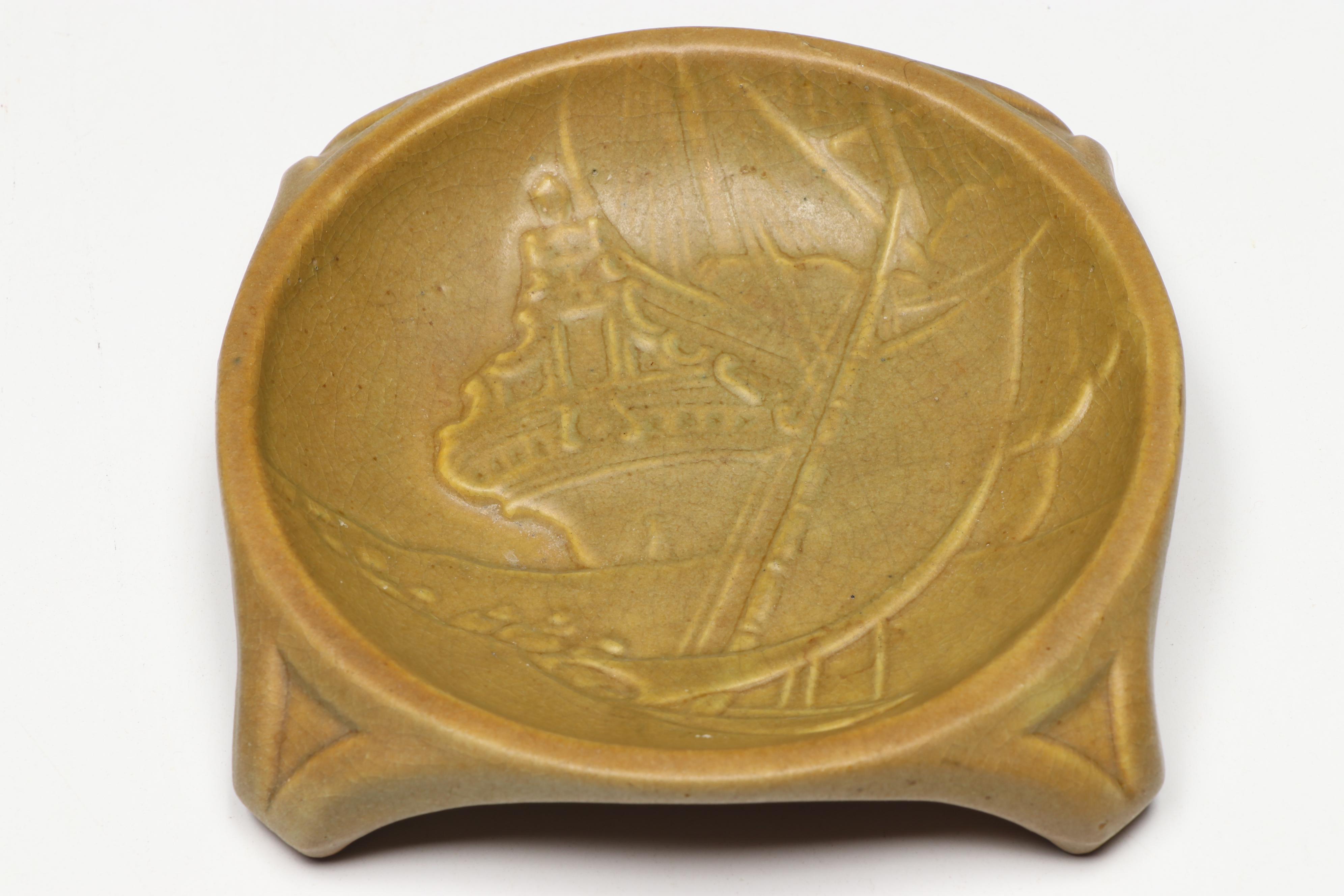 William P. McDonald for Rookwood Pottery Ship Ashtray with Ship Paperweight