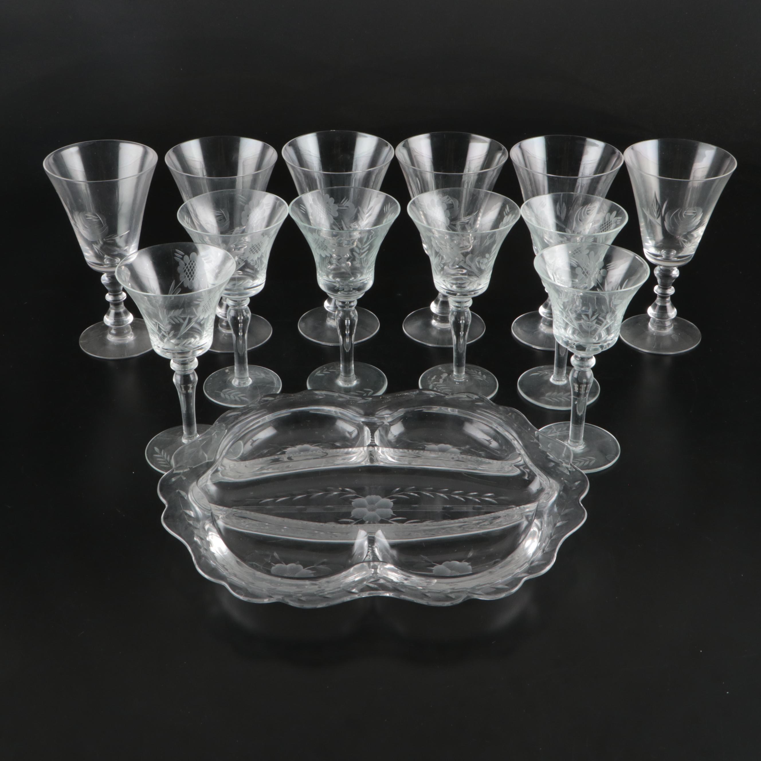 Etched Glass Water and Wine Glasses with Glass Divided Plate