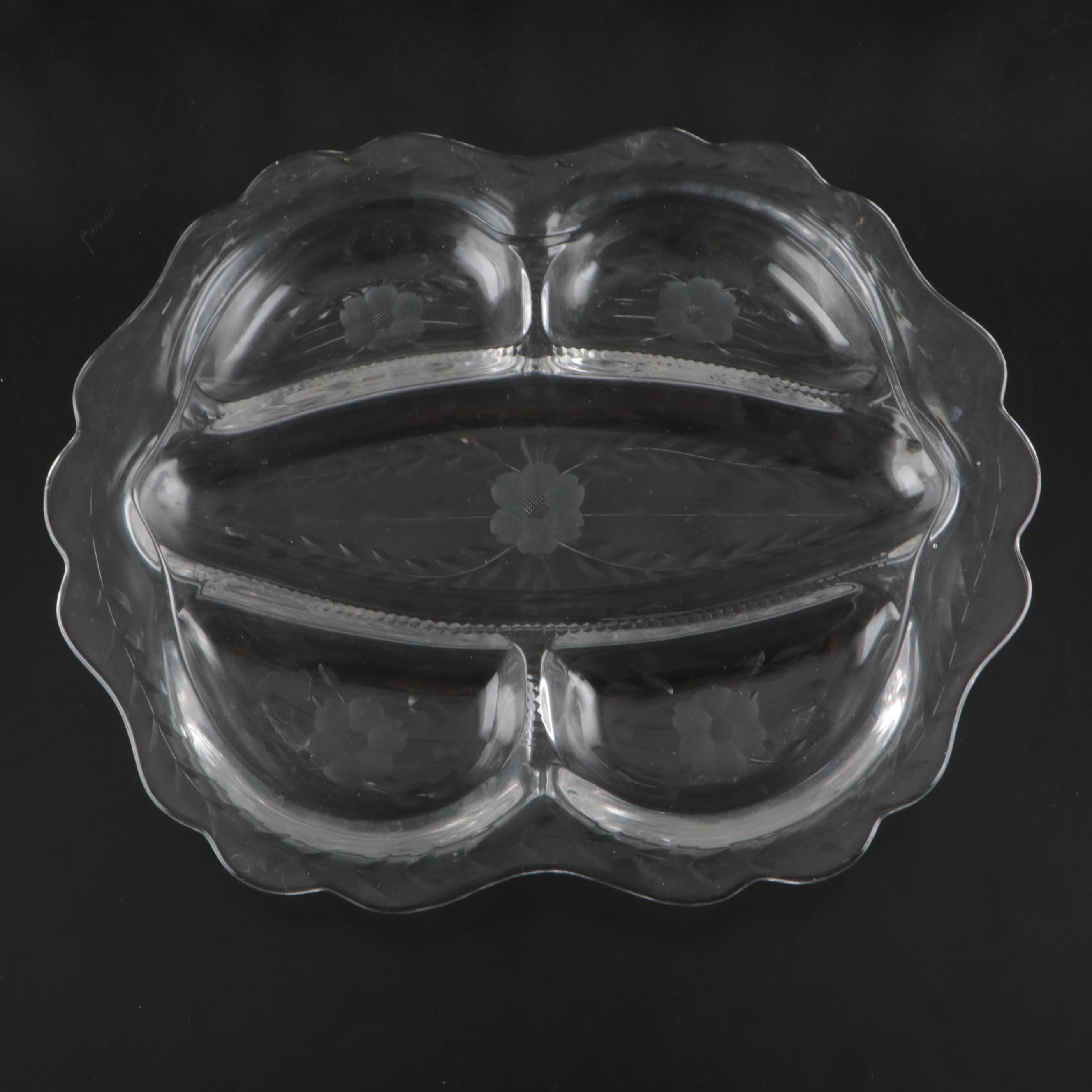 Etched Glass Water and Wine Glasses with Glass Divided Plate