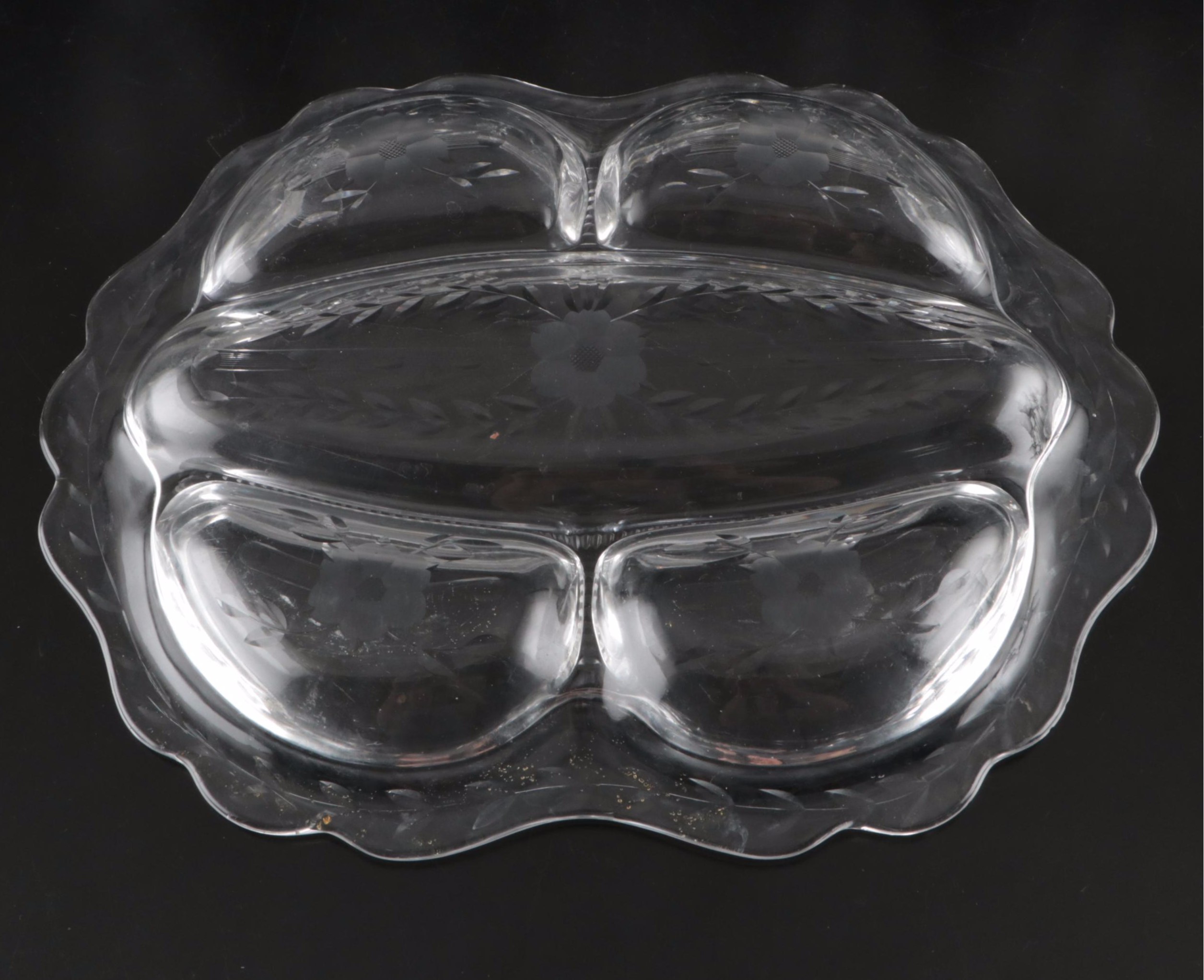 Etched Glass Water and Wine Glasses with Glass Divided Plate