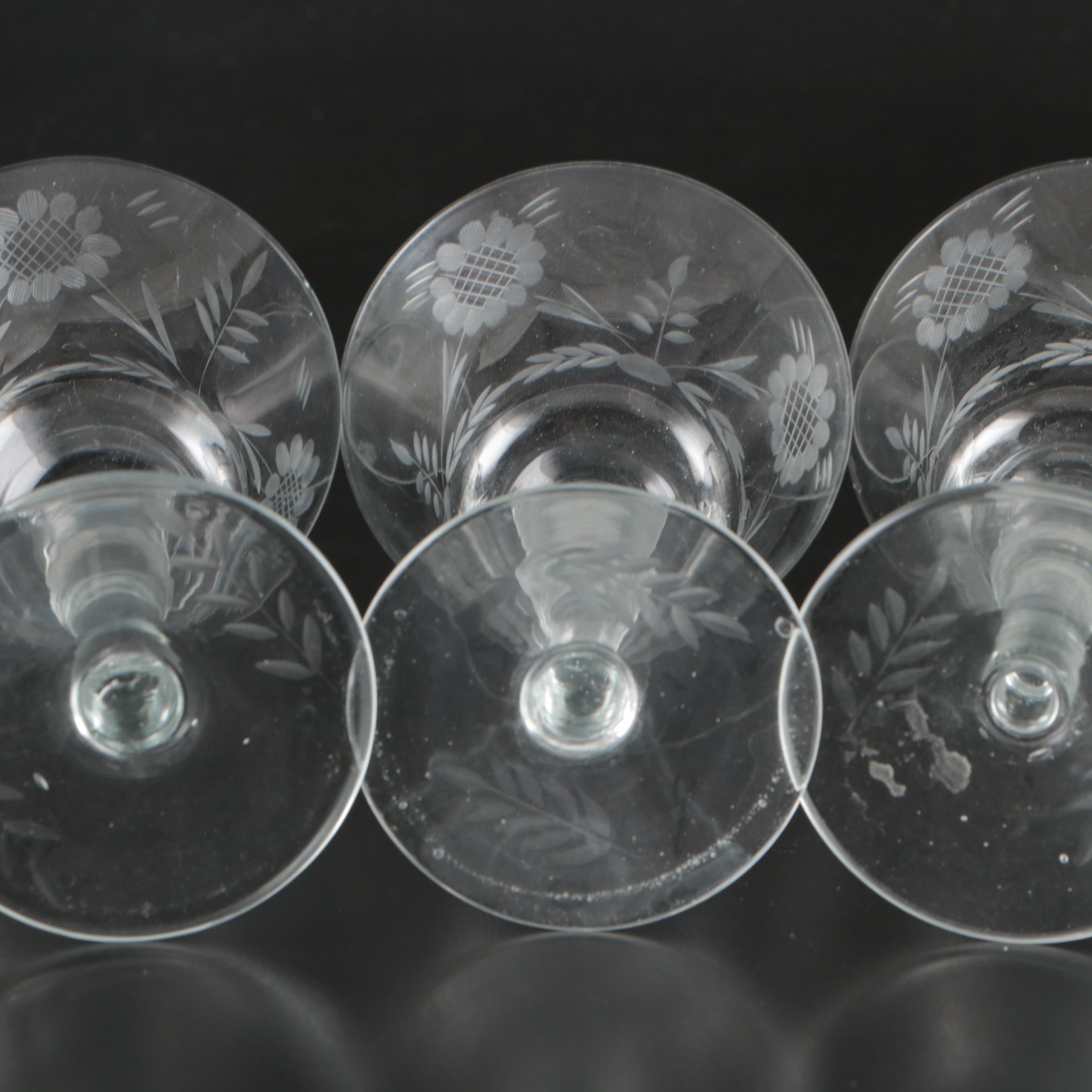 Etched Glass Water and Wine Glasses with Glass Divided Plate