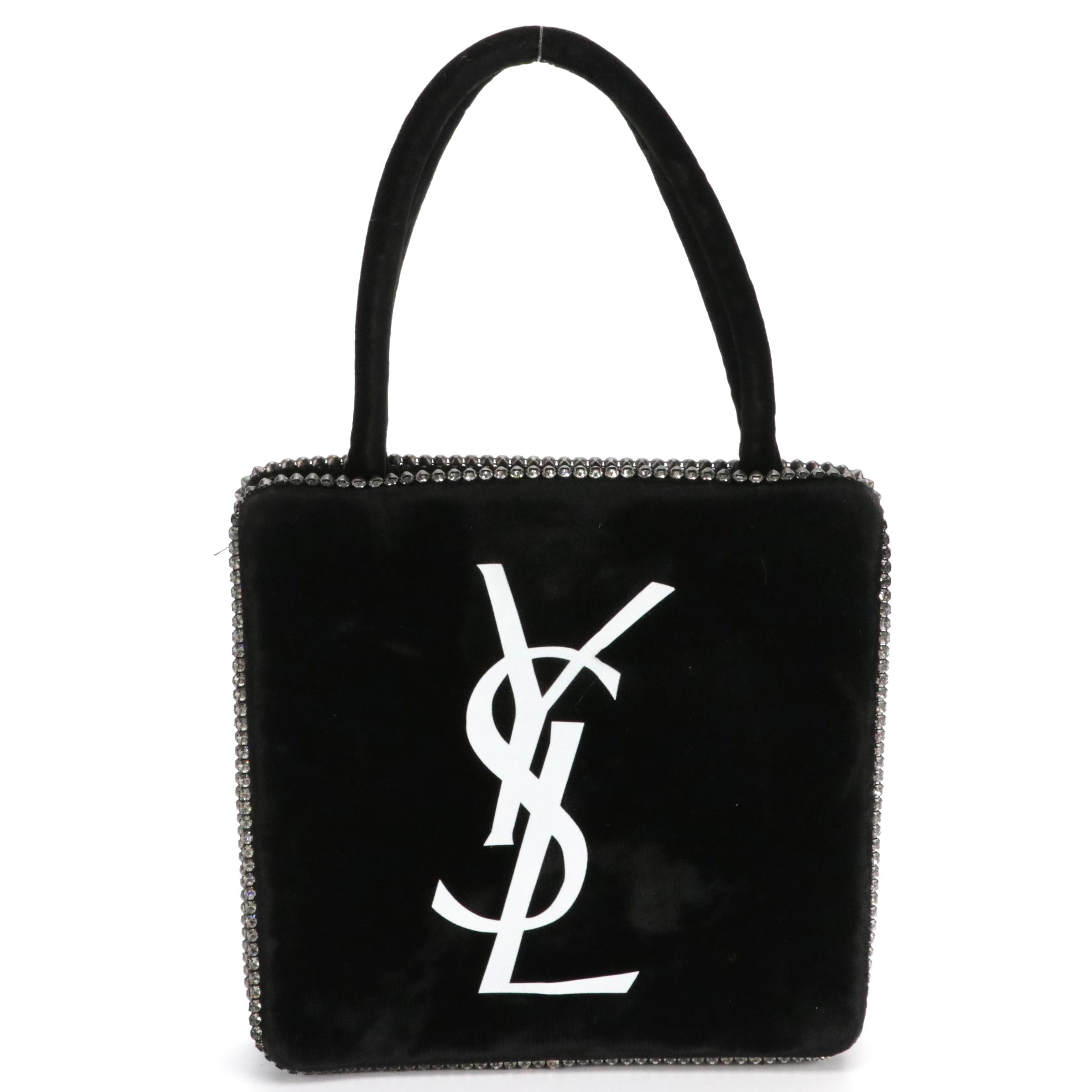 Yves Saint Laurent YSL Logo Black Velvet Handbag with Crystal Embellished Trim