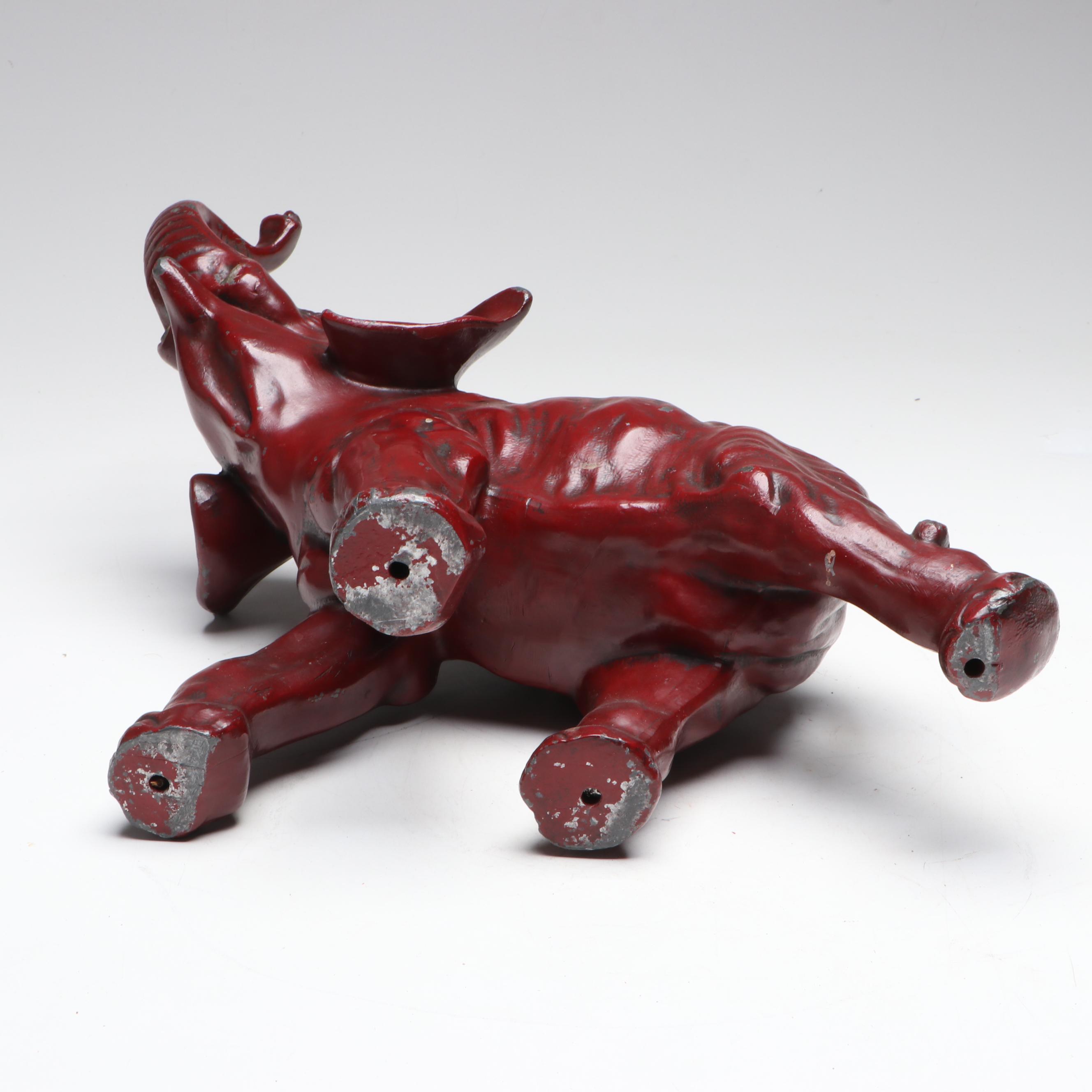 Red Cast Metal Elephant with Raised Trunk, Early to Mid-20th Century