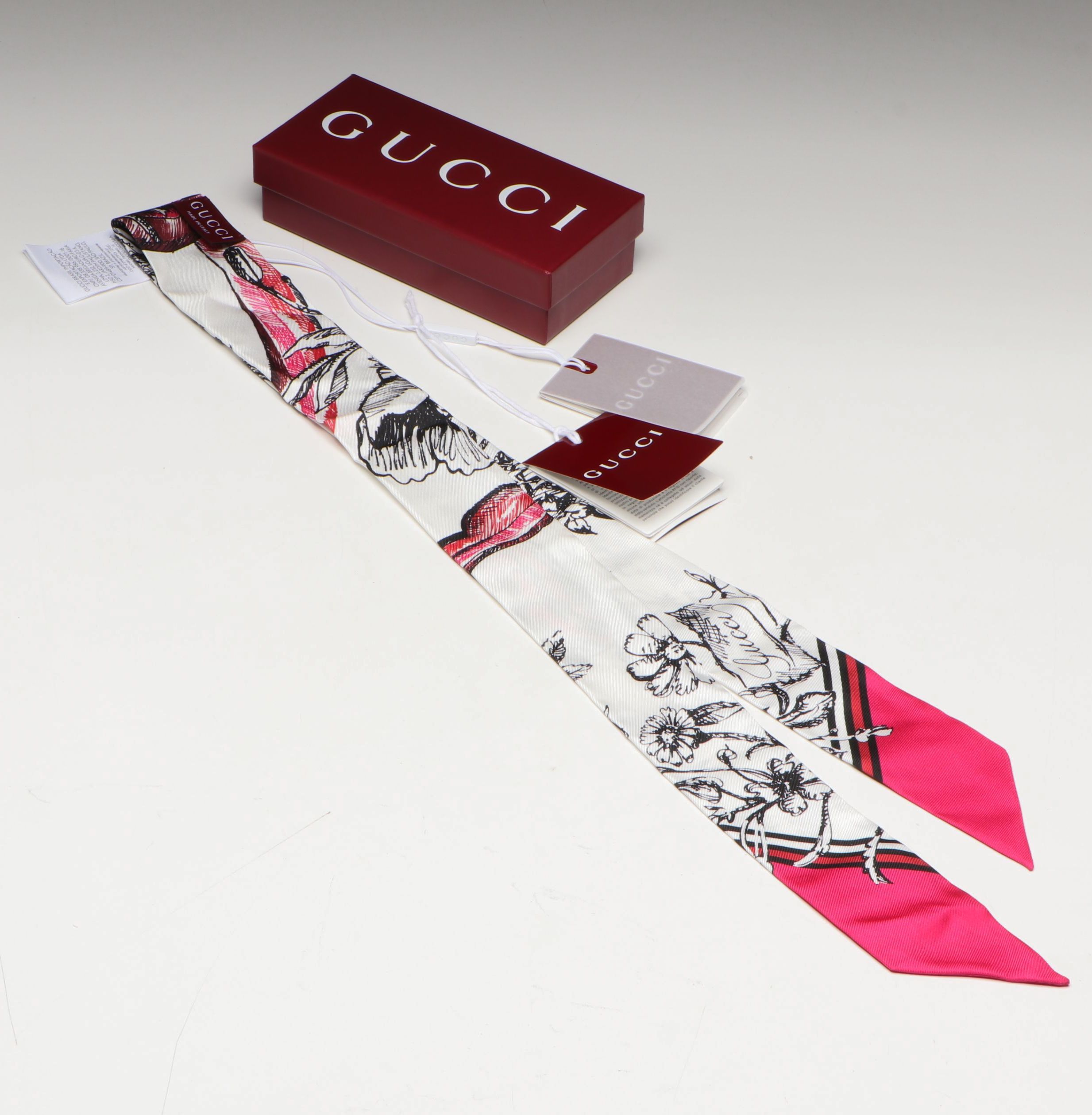 Gucci Pink & Black Floral Motif Silk Skinny Scarf in Box