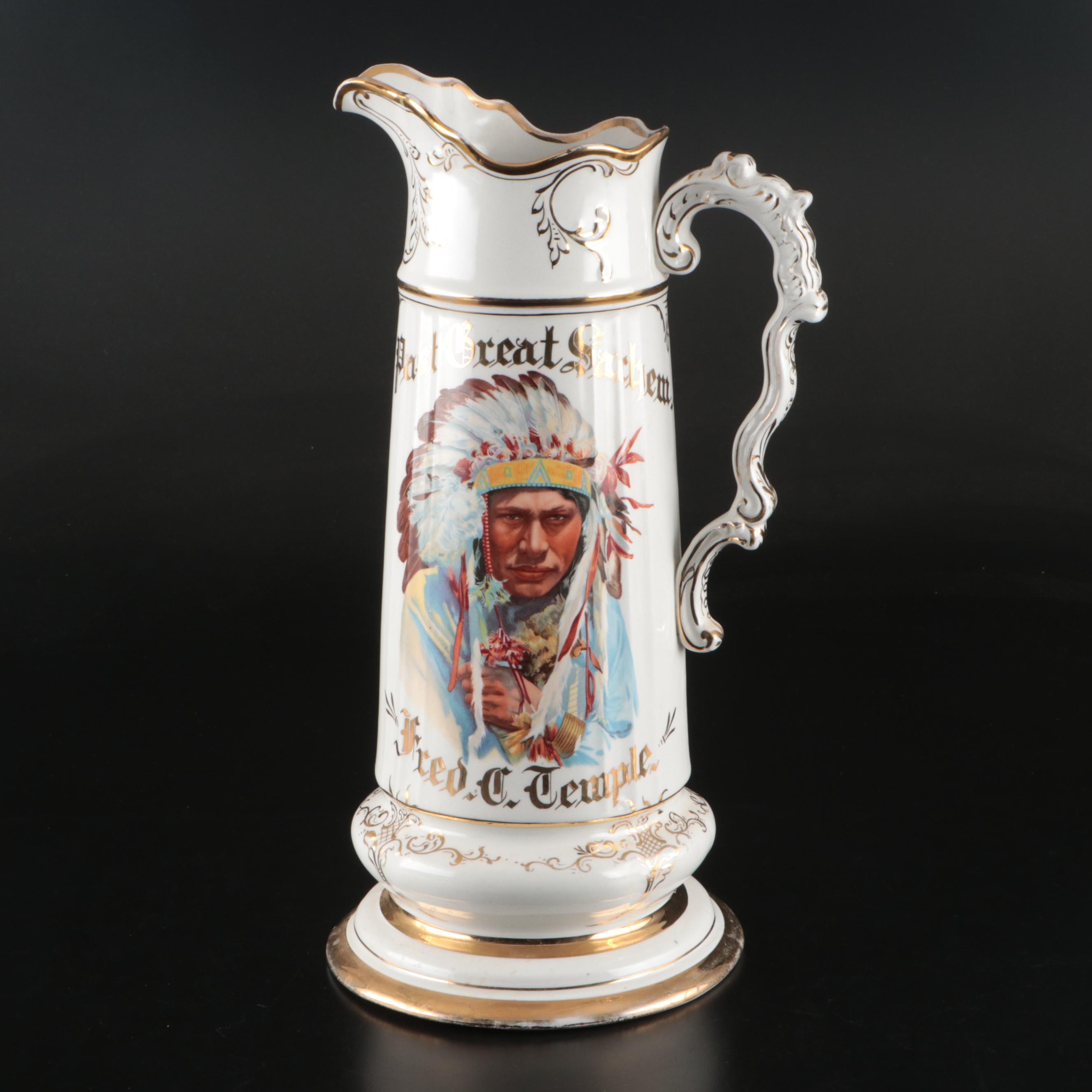 National China Co. "Past Great Sachem" Gilt China Pitcher, 1906