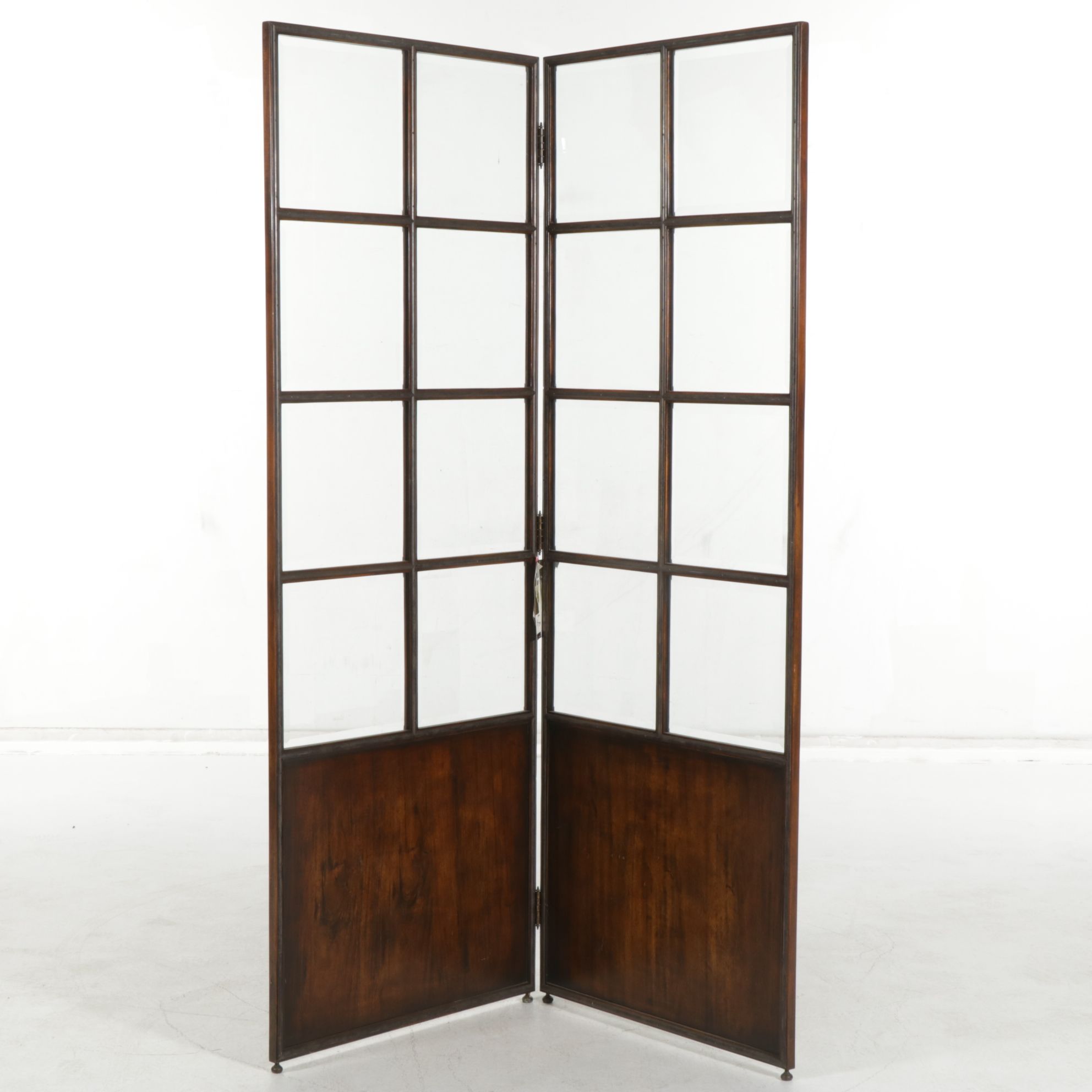 Walnut Two-Panel Rooms Screen with Beveled Glass Panes