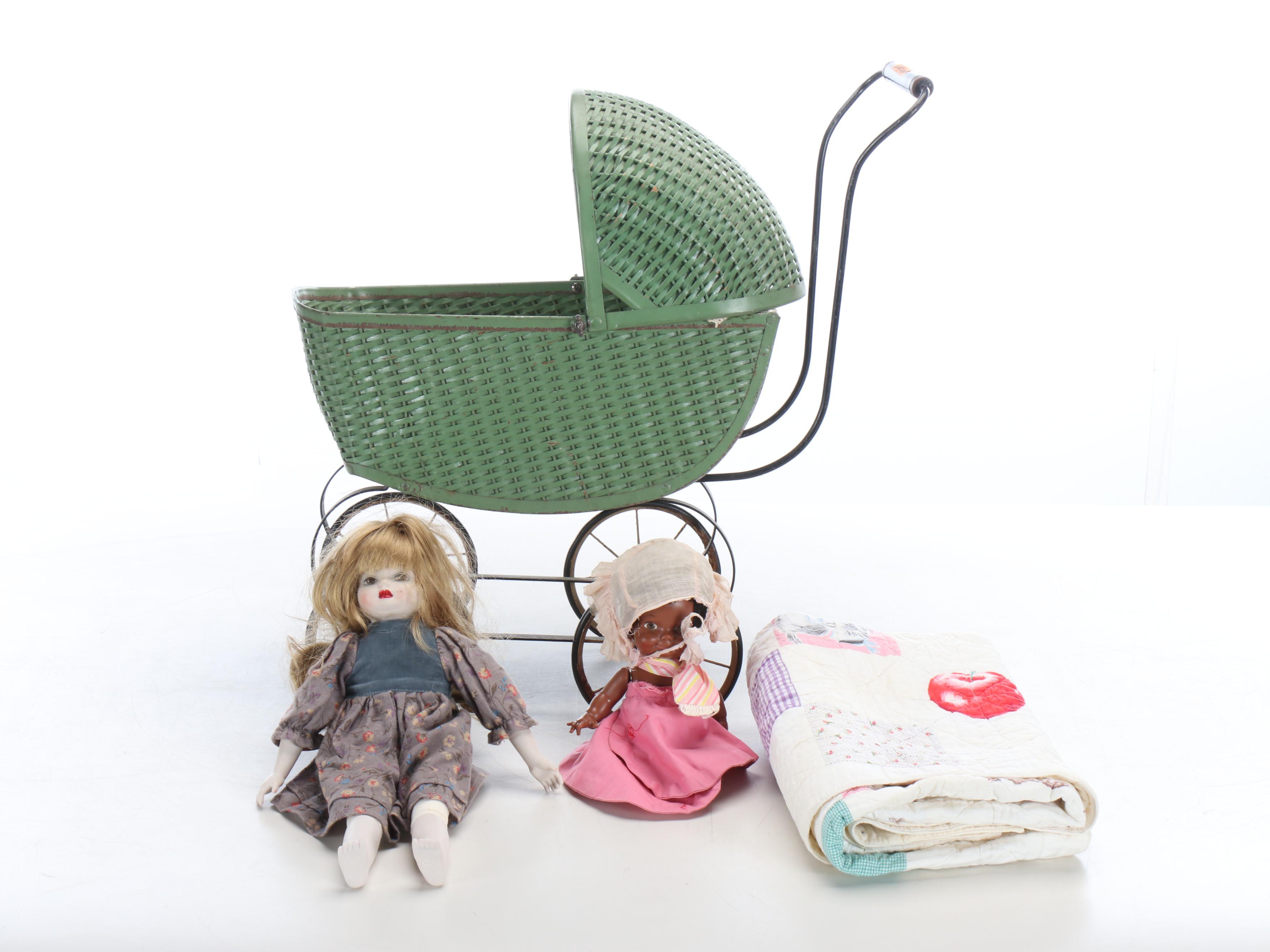 Children's Miniature Toy Kitchen Appliances and Dolls in Carriage