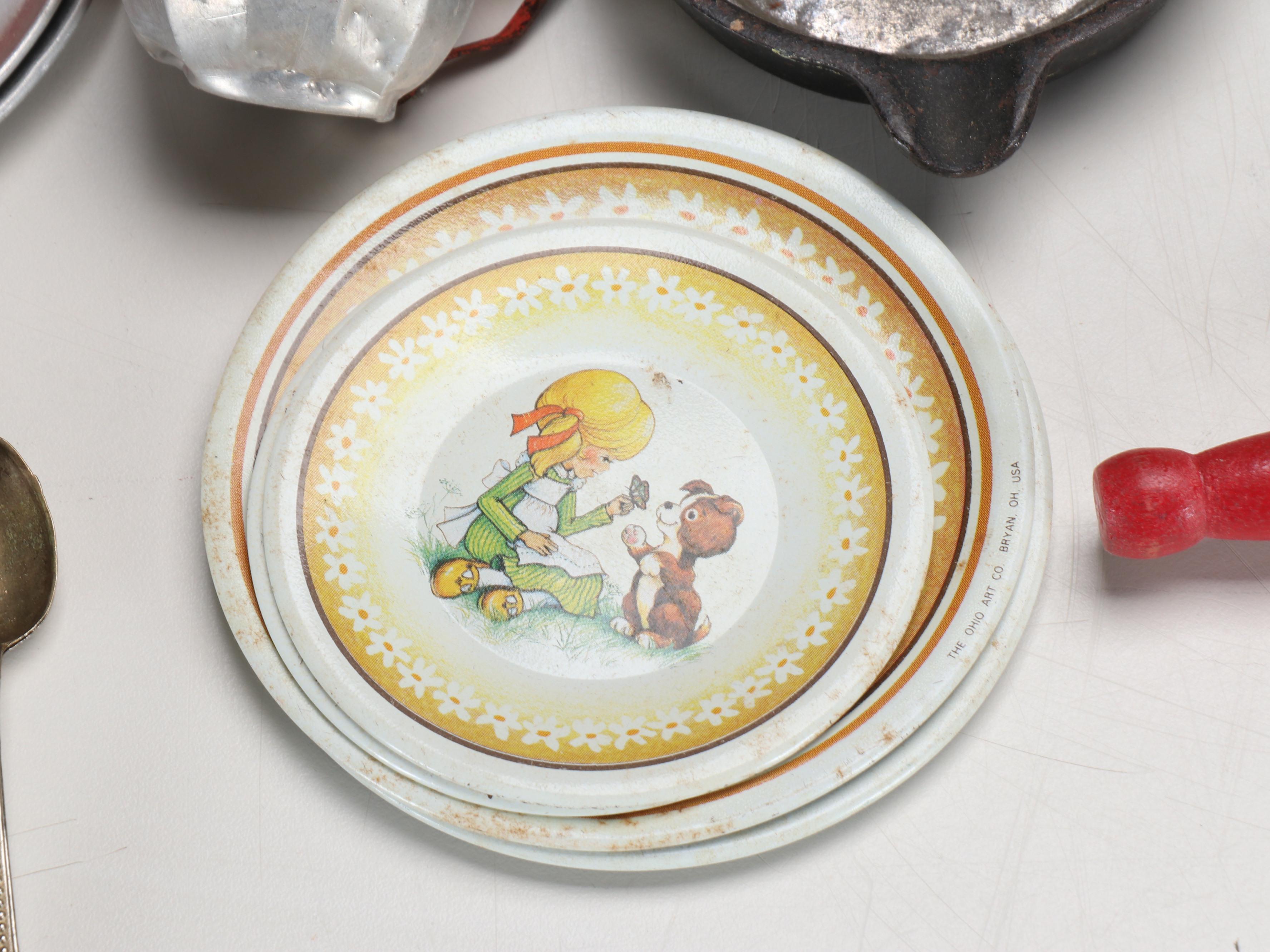 Children's Miniature Toy Kitchen Appliances and Dolls in Carriage