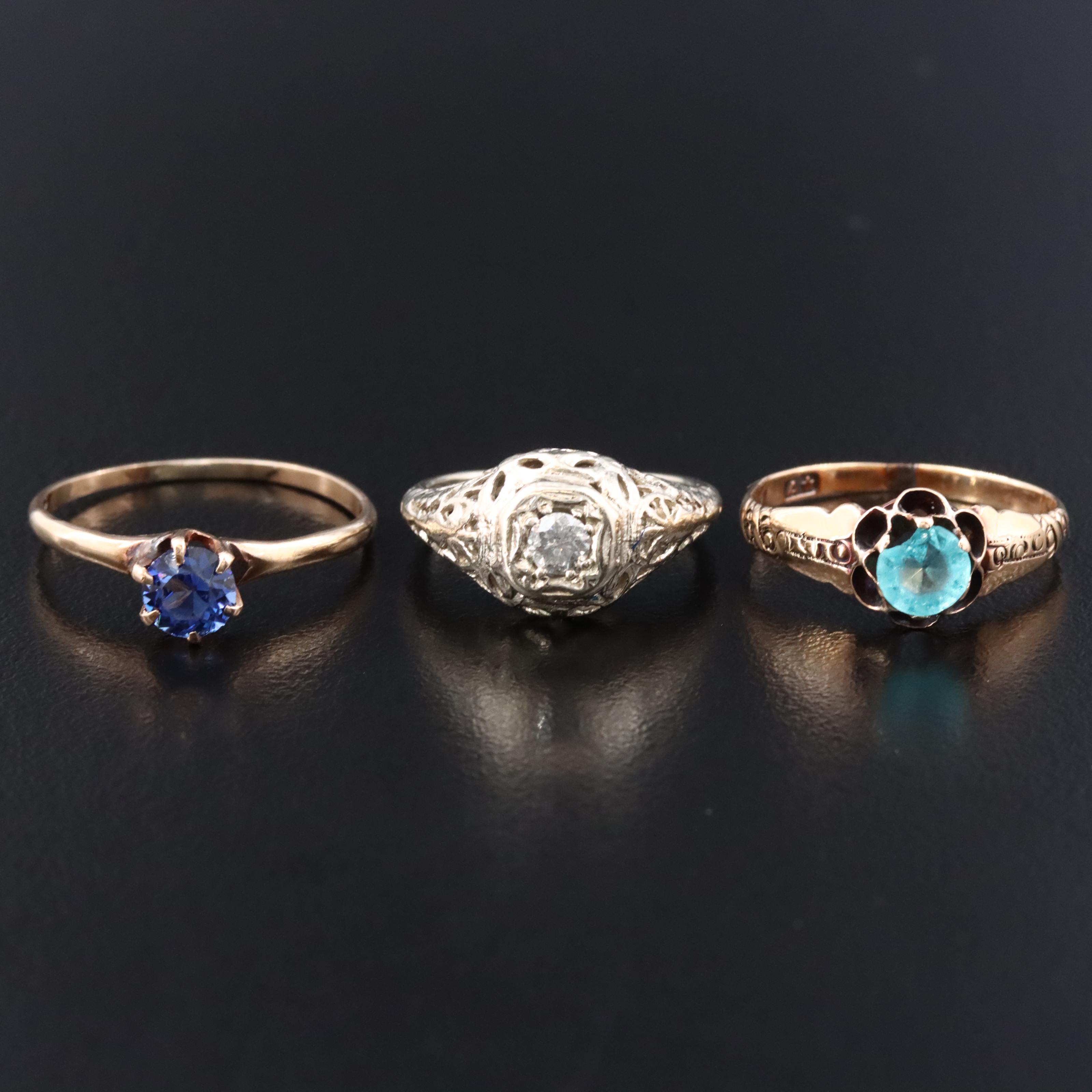 Vintage and Antique 10K & 14K Diamond and Glass Ring Collection