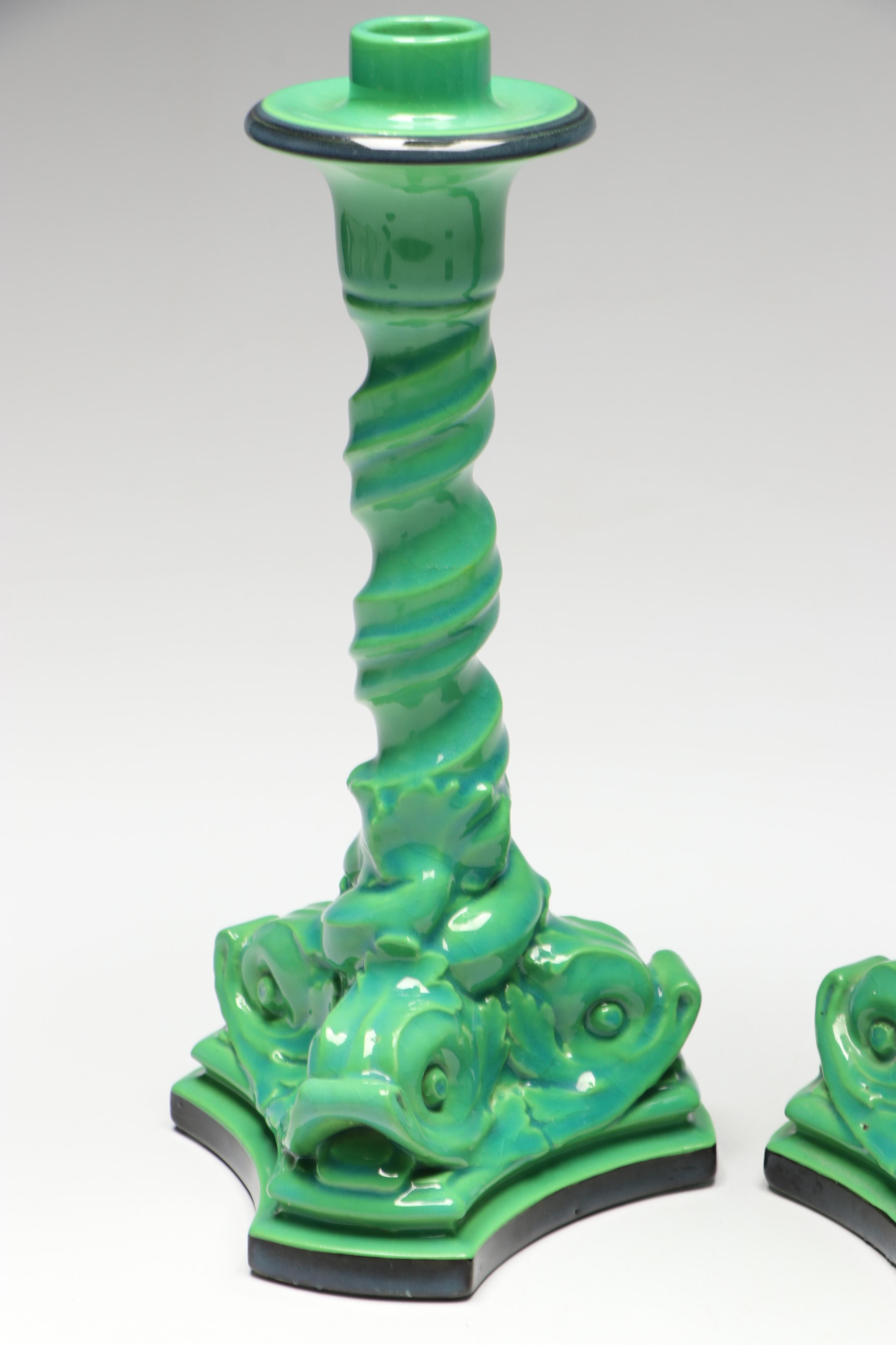 Rookwood Pottery Dolphin Base Candlesticks, 1919