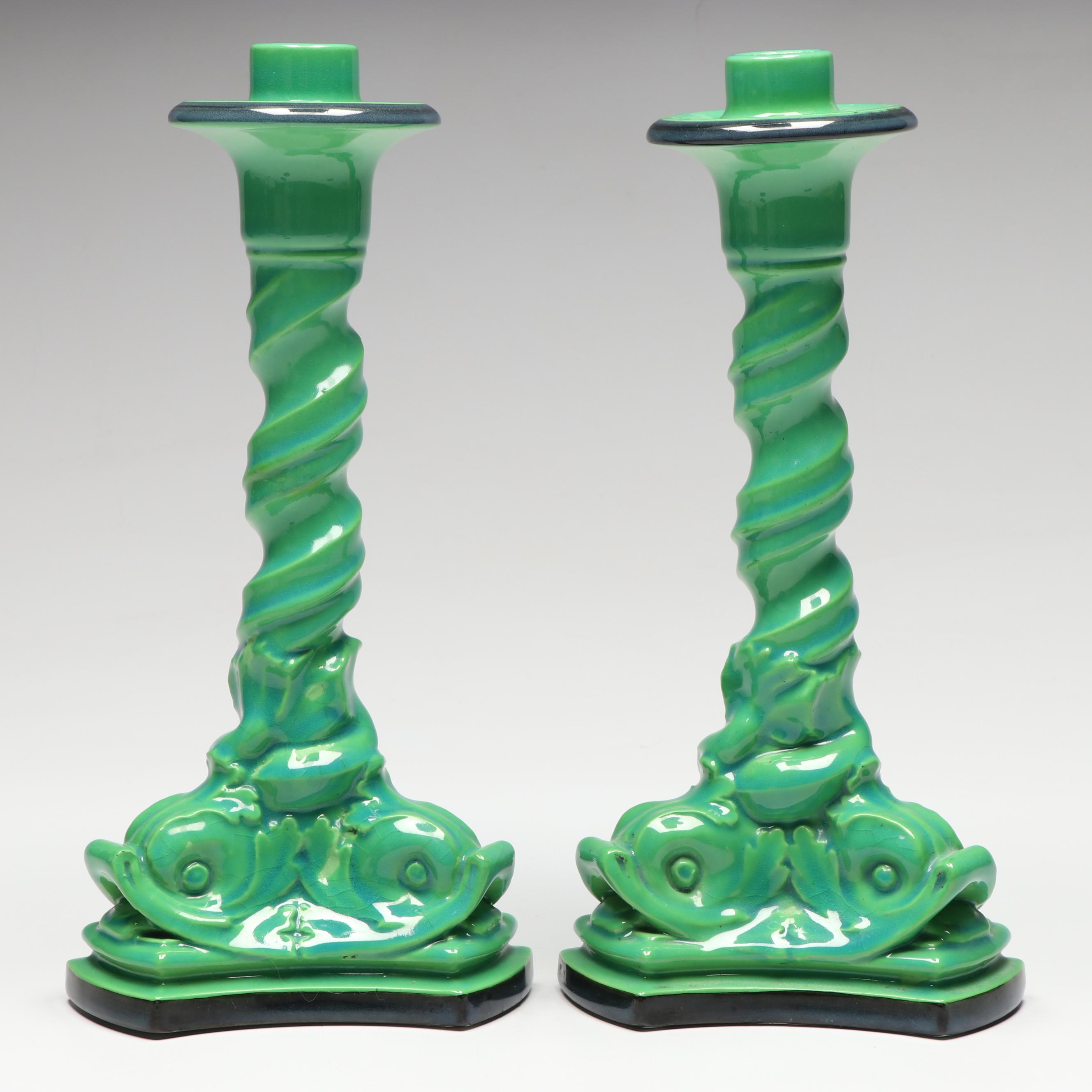 Rookwood Pottery Dolphin Base Candlesticks, 1919