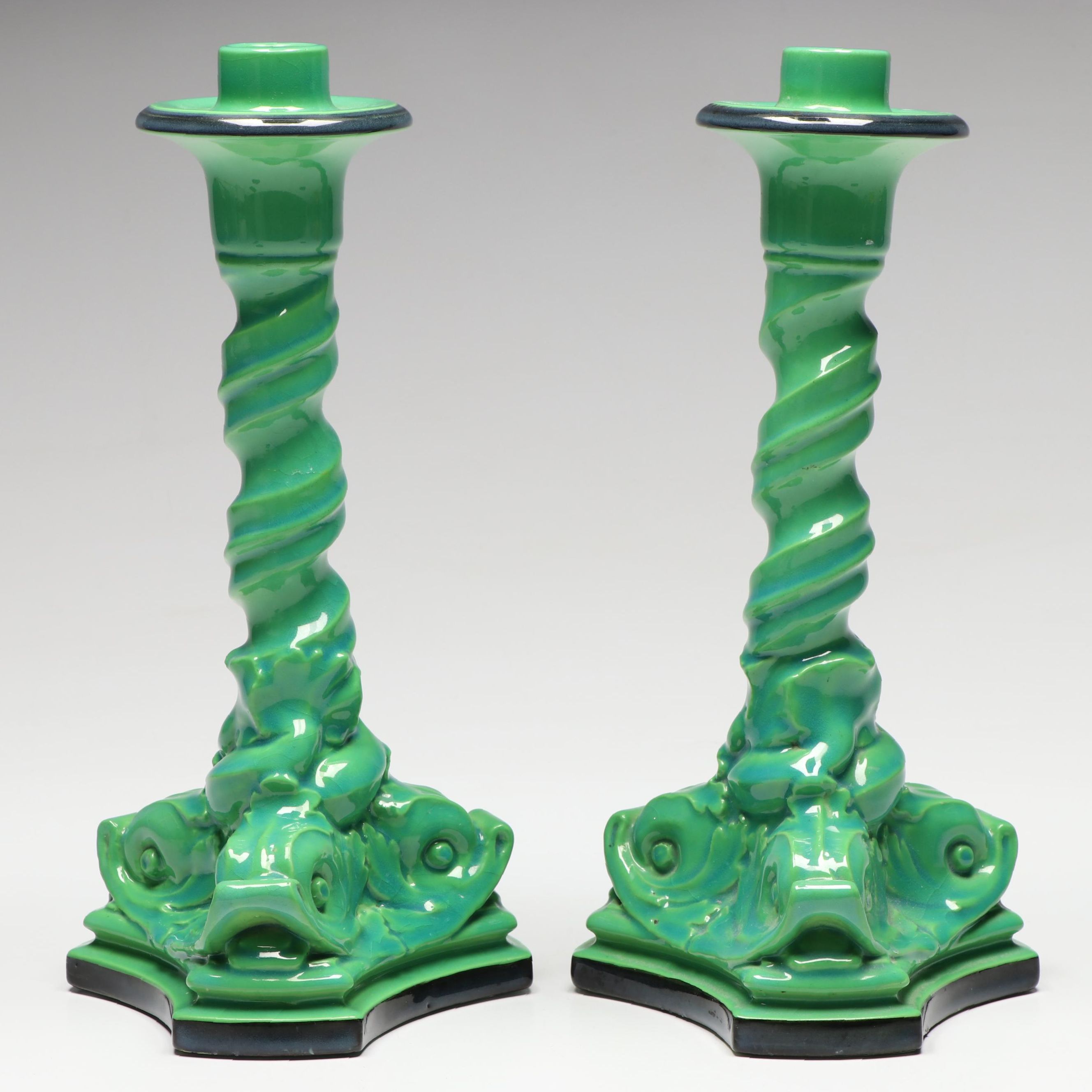 Rookwood Pottery Dolphin Base Candlesticks, 1919