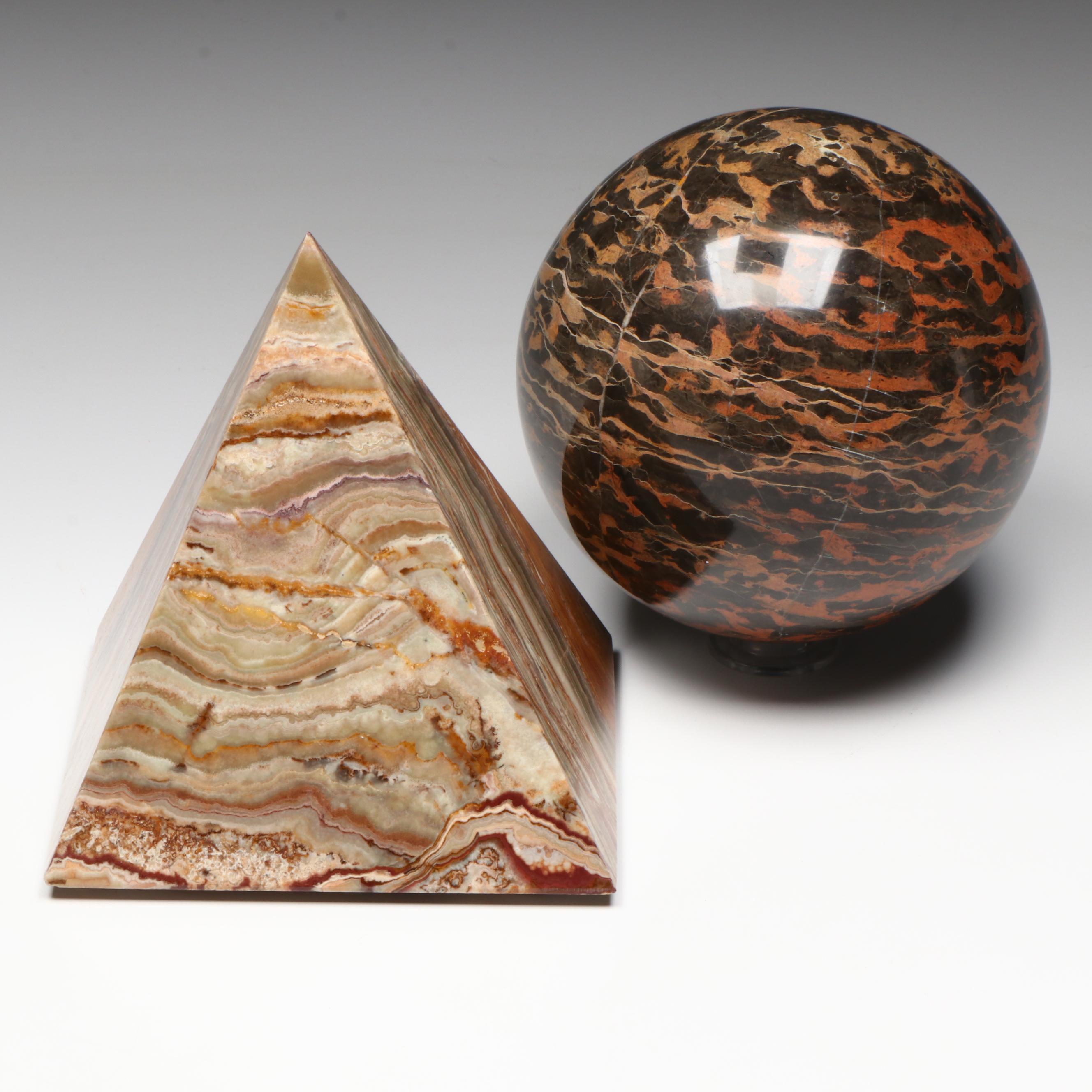 Carved Banded Calcite Pyramid and Polished Marble Sphere