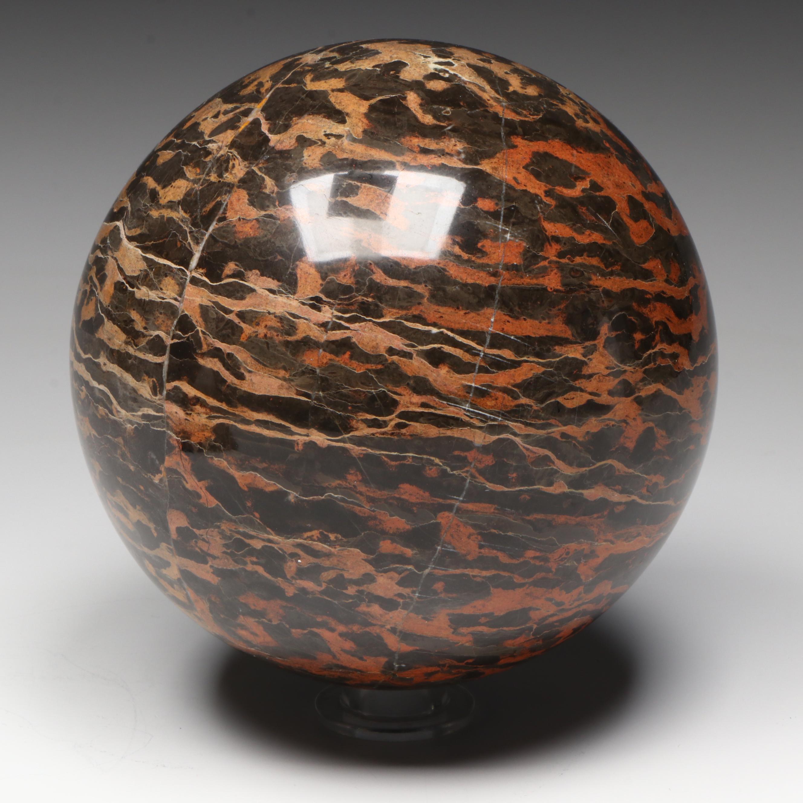 Carved Banded Calcite Pyramid and Polished Marble Sphere