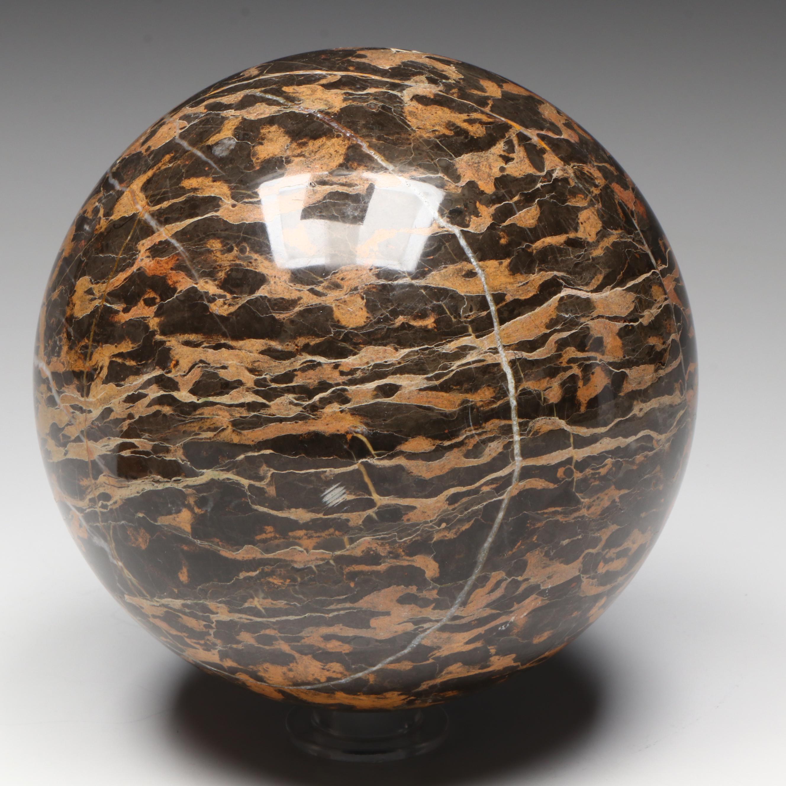 Carved Banded Calcite Pyramid and Polished Marble Sphere