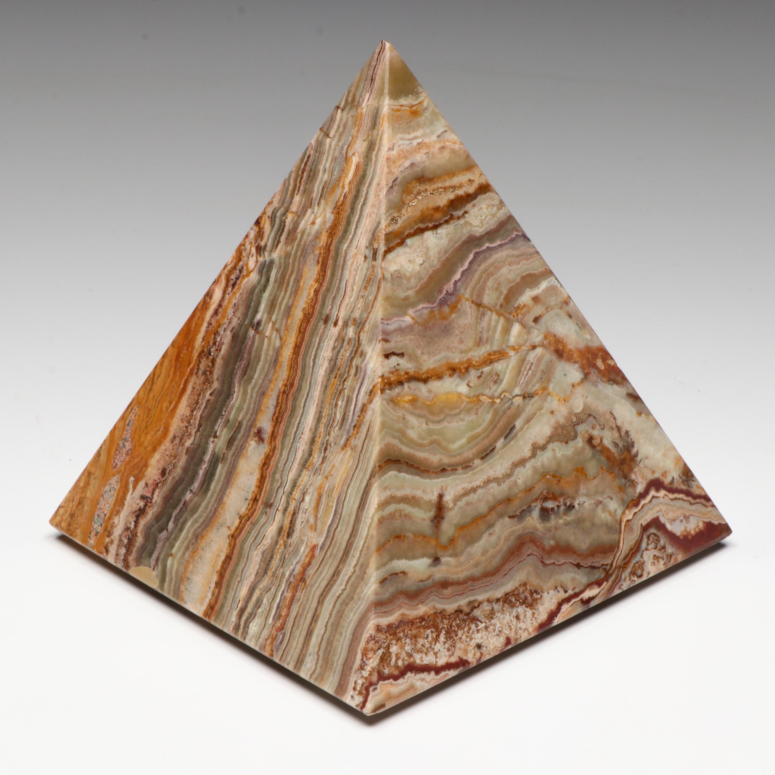 Carved Banded Calcite Pyramid and Polished Marble Sphere