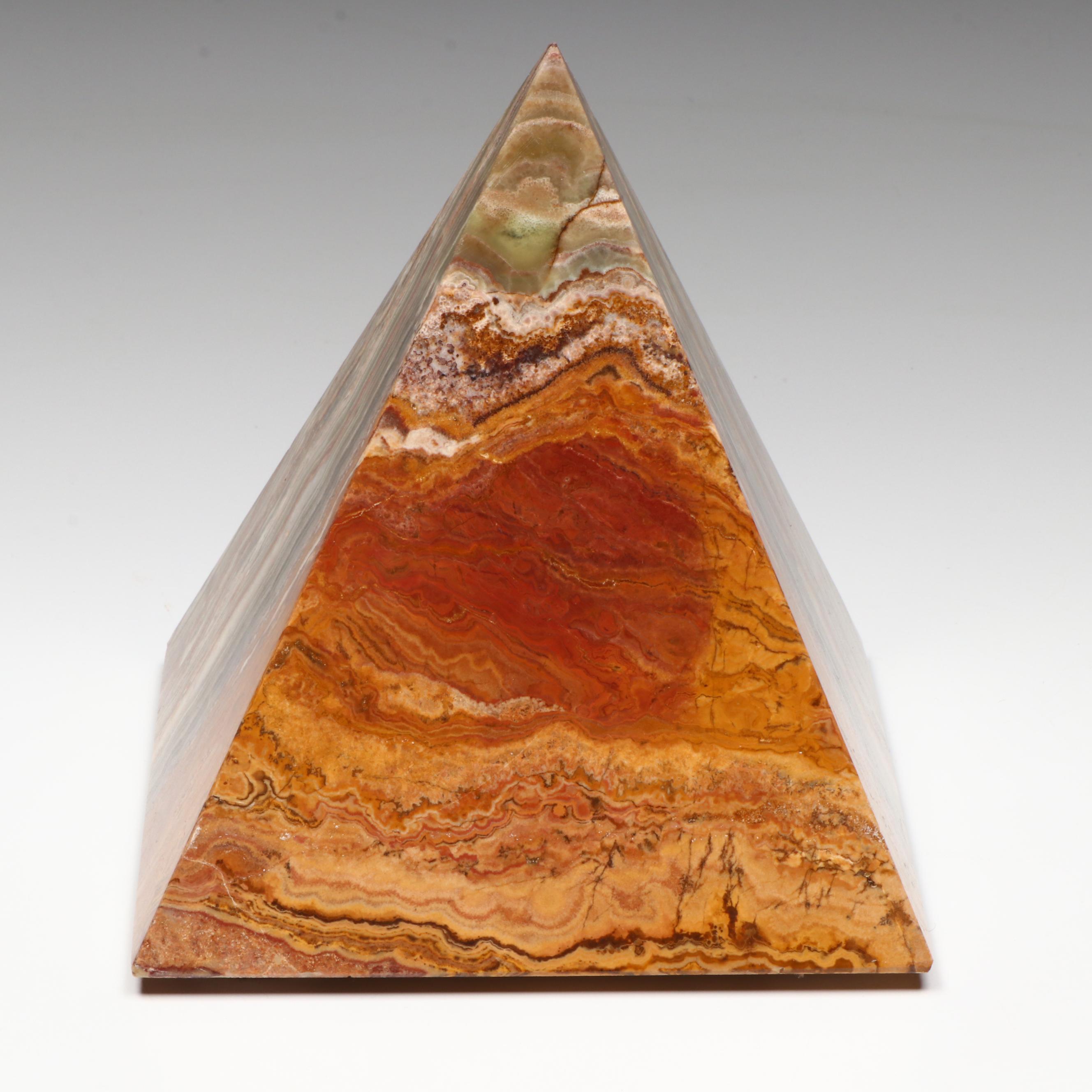 Carved Banded Calcite Pyramid and Polished Marble Sphere